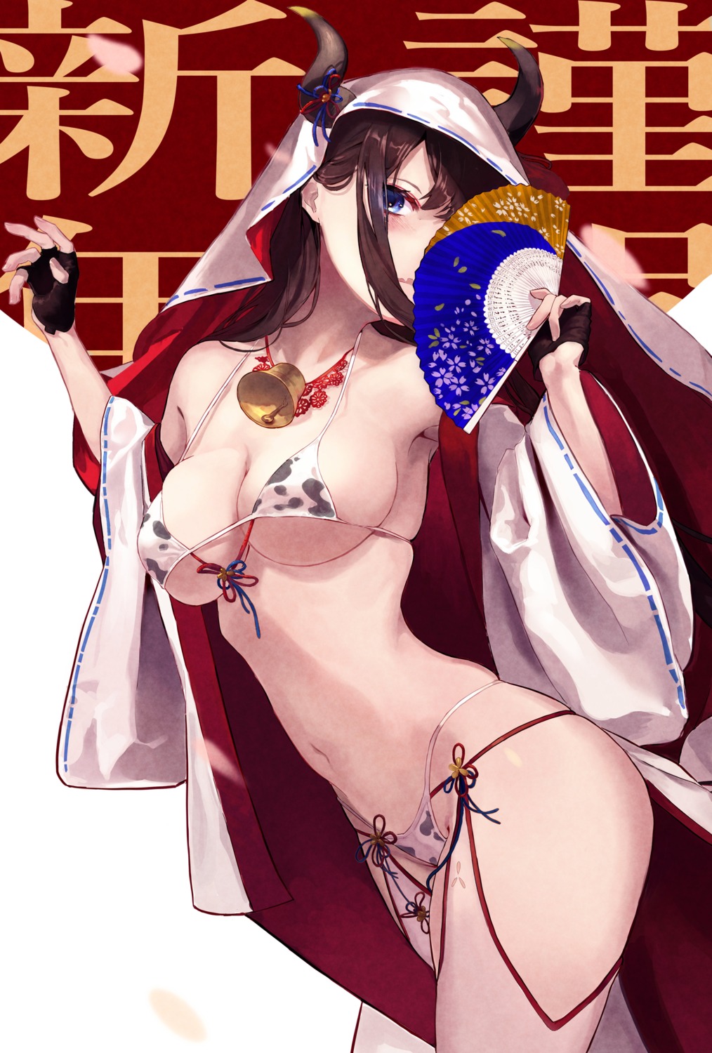 bikini erect_nipples garter_belt horns japanese_clothes maronmokaet open_shirt stockings swimsuits thighhighs