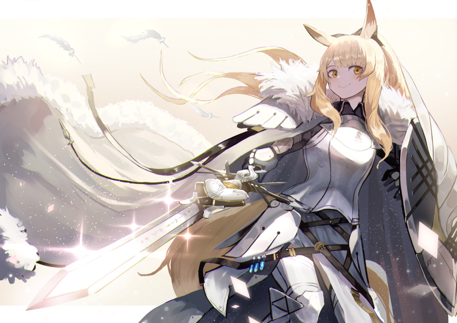 animal_ears arknights armor blemishine_(arknights) mannouyakunta sword tail