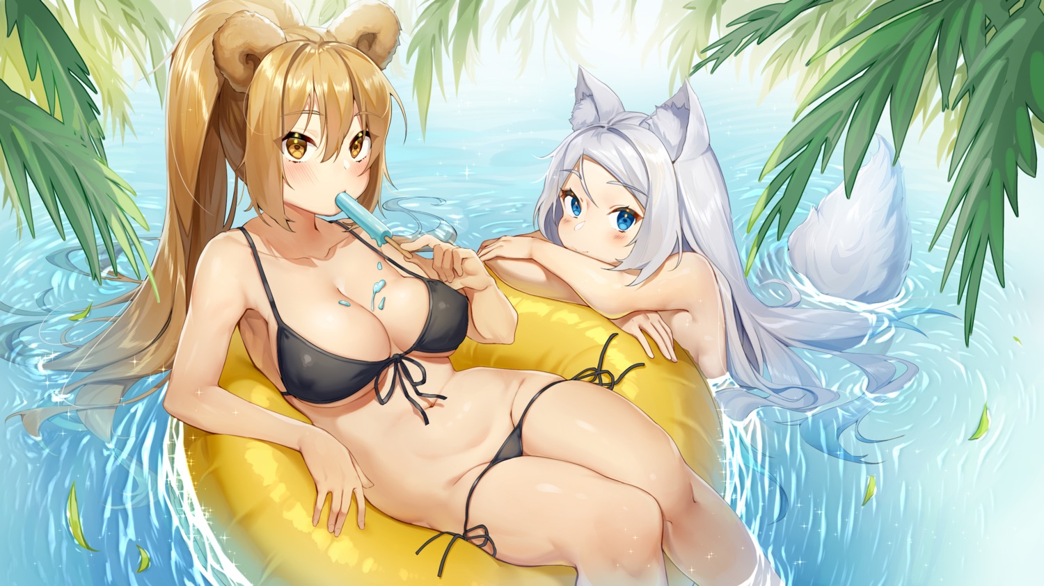 animal_ears bikini cream ihachisu panty_pull swimsuits tail wet