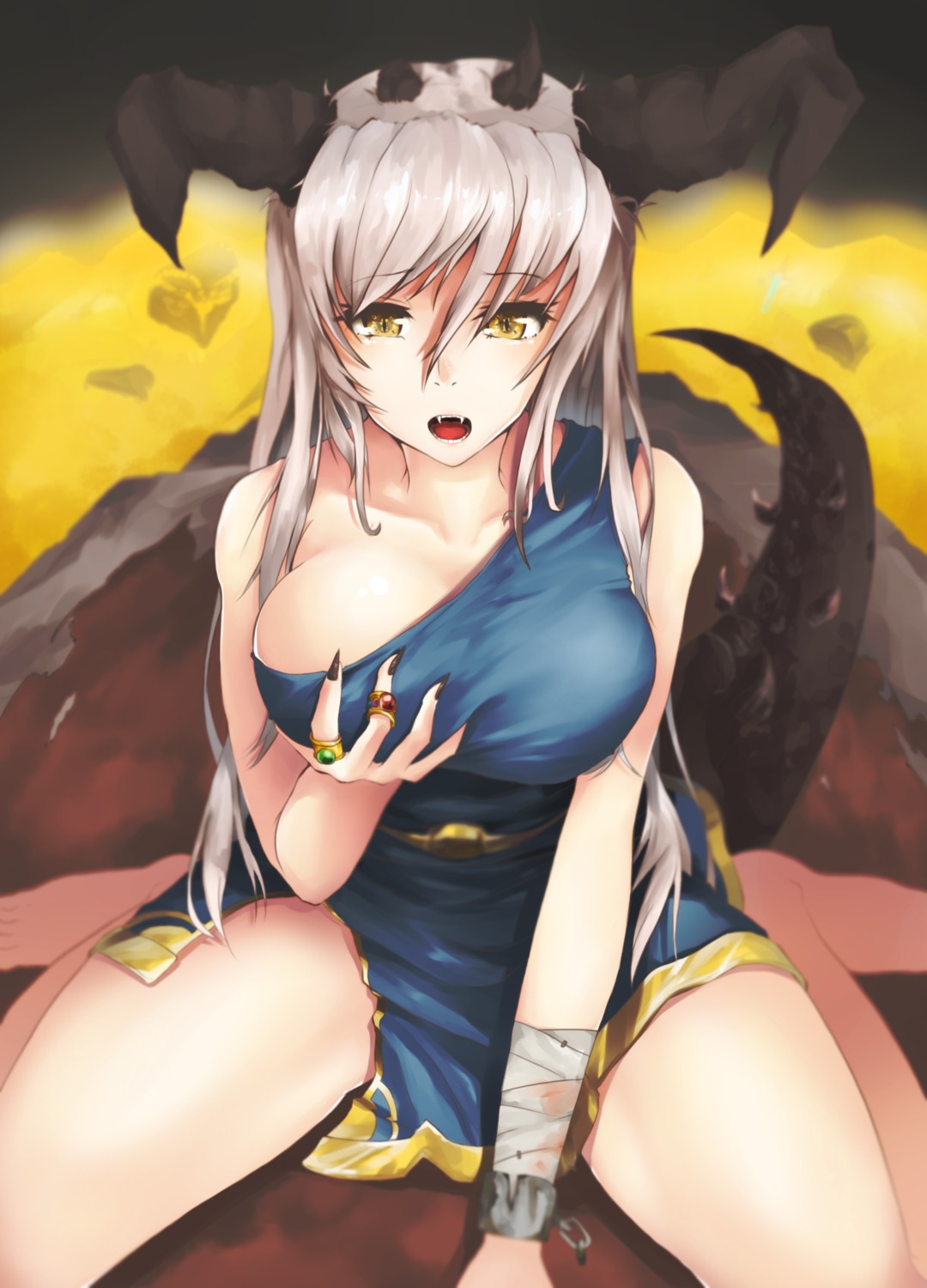 anthropomorphization bandages breast_grab breasts dress horns tail