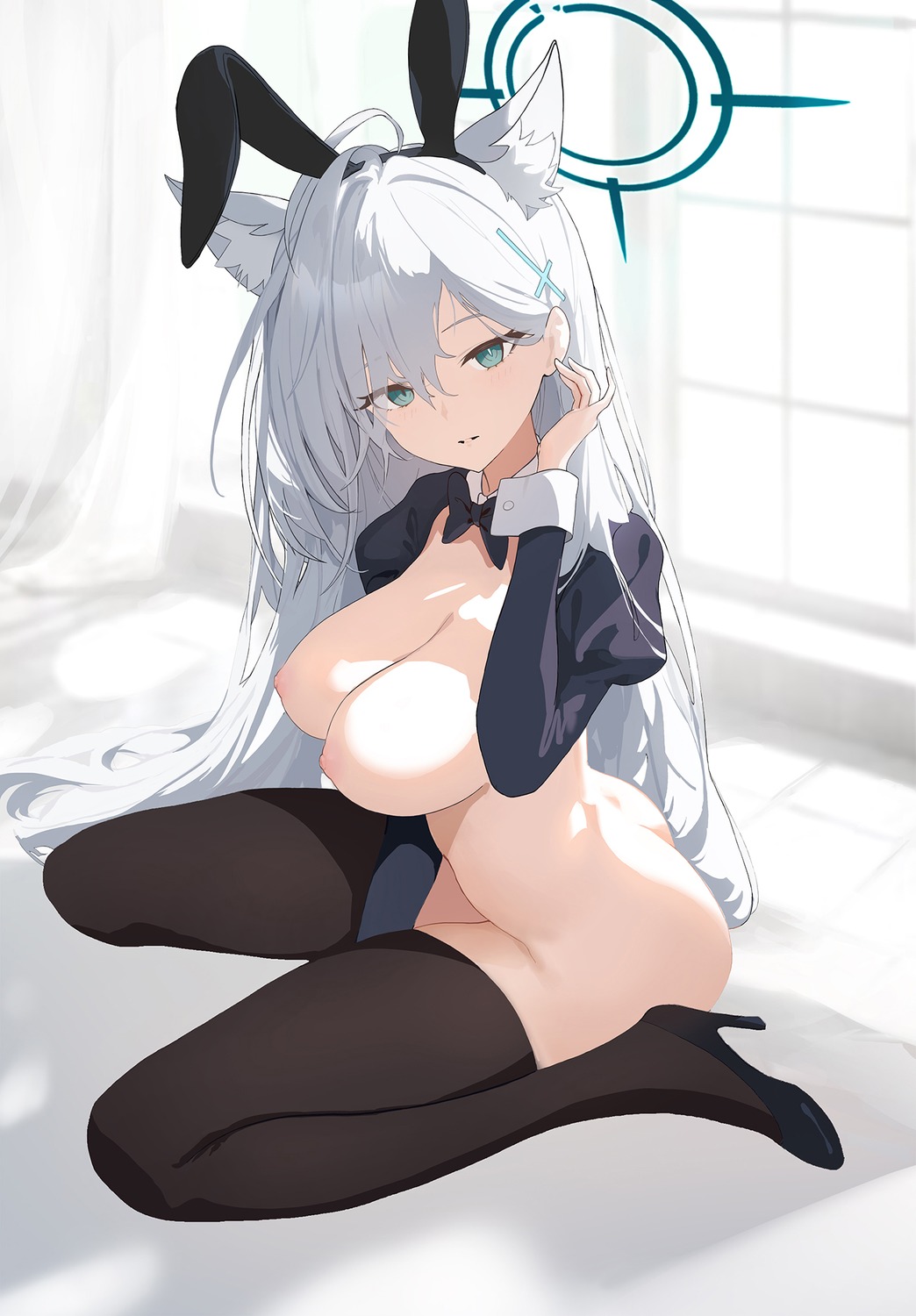 animal_ears blue_archive bunny_ears halo heels naked nekomimi nipples shiroko_terror sunaookami_shiroko thighhighs yangsongihand