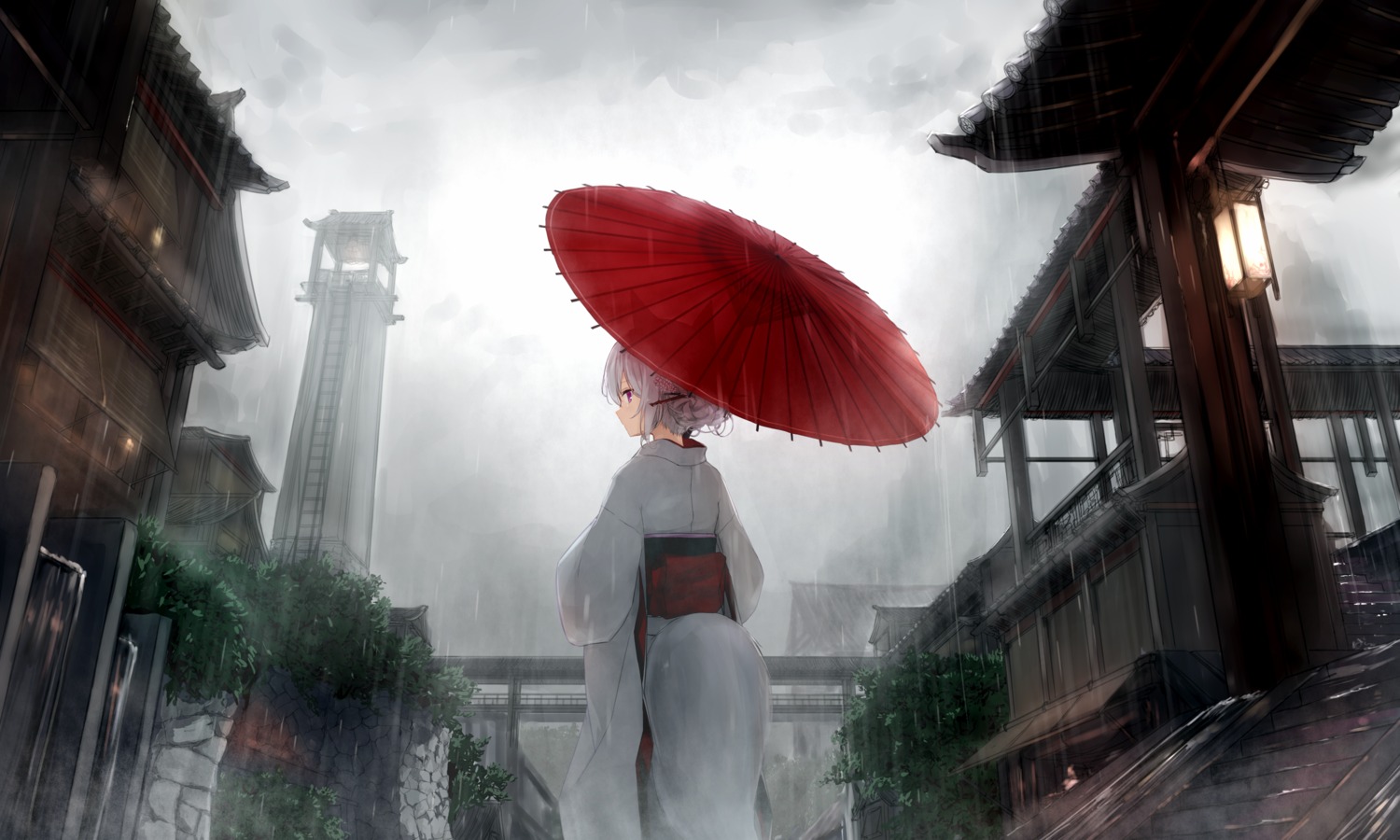 animal_ears guo582 kimono kitsune tail umbrella