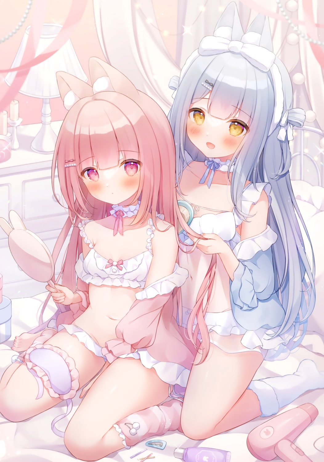 animal_ears bra bunny_ears lingerie loli mersugar omochi_monaka open_shirt see_through