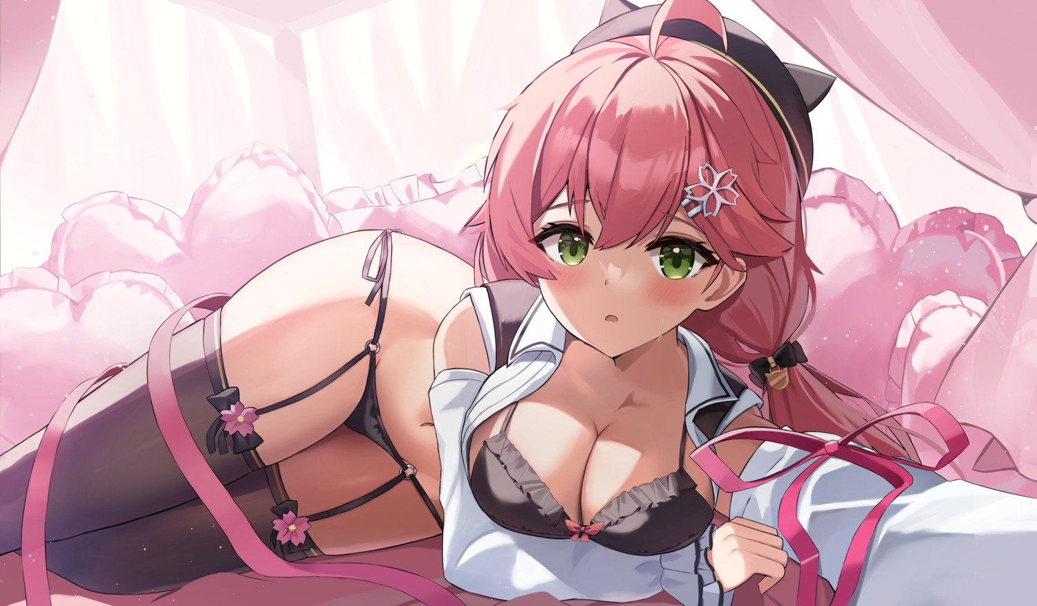 bra hololive iv_(iv70311741) open_shirt pantsu sakura_miko stockings string_panties thighhighs