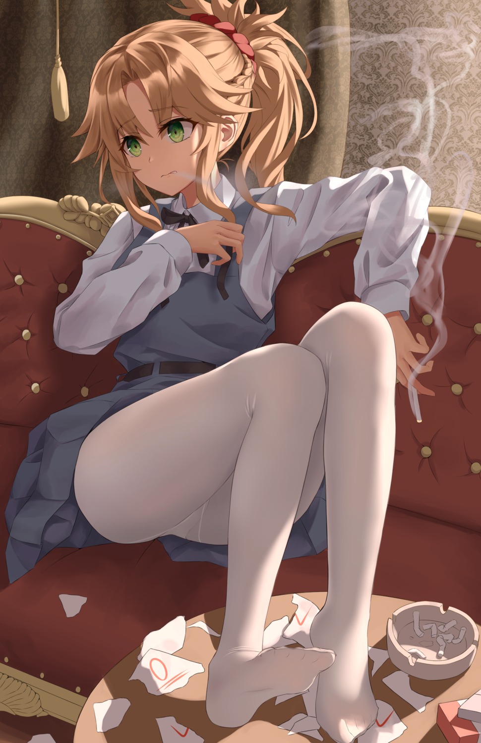 fate/grand_order feet hamstarhand mordred_(fate) pantsu pantyhose seifuku skirt_lift smoking