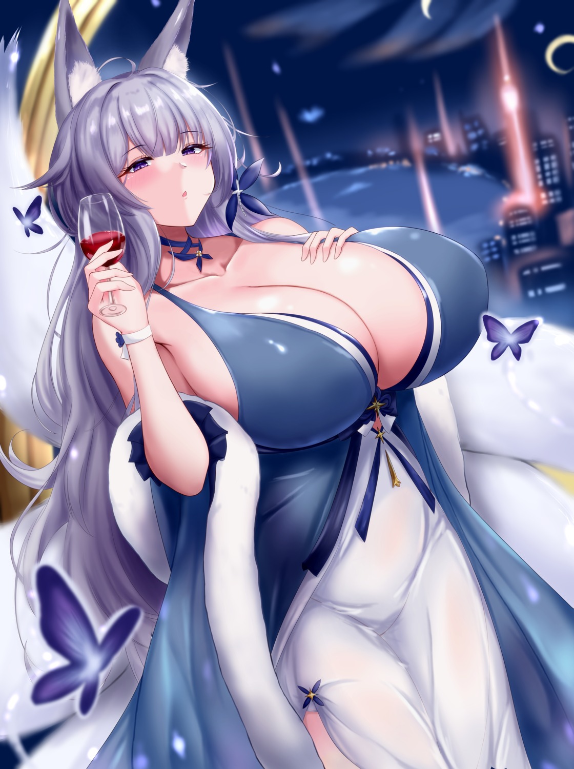 animal_ears azur_lane cleavage dress kitsune no_bra shinano_(azur_lane) tail zetsuhei_no_roran