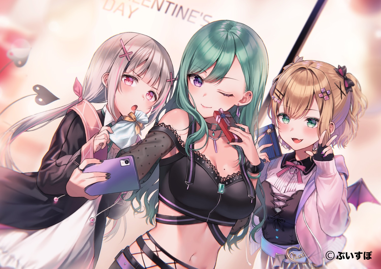 asumi_sena cattleya_regina_games dress iris_black_games kurumi_noah midorikawa_you see_through selfie sweater tail valentine vspo! wings yakumo_beni