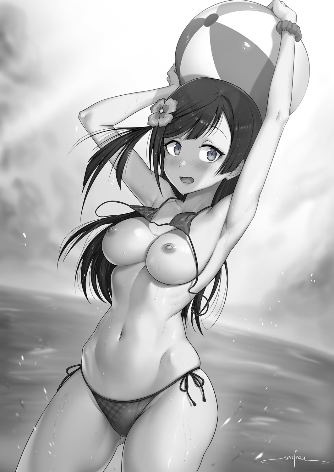 bikini breasts love_live!_nijigasaki_high_school_idol_club monochrome nipples photoshop swimsuits unsfrau wardrobe_malfunction yuuki_setsuna