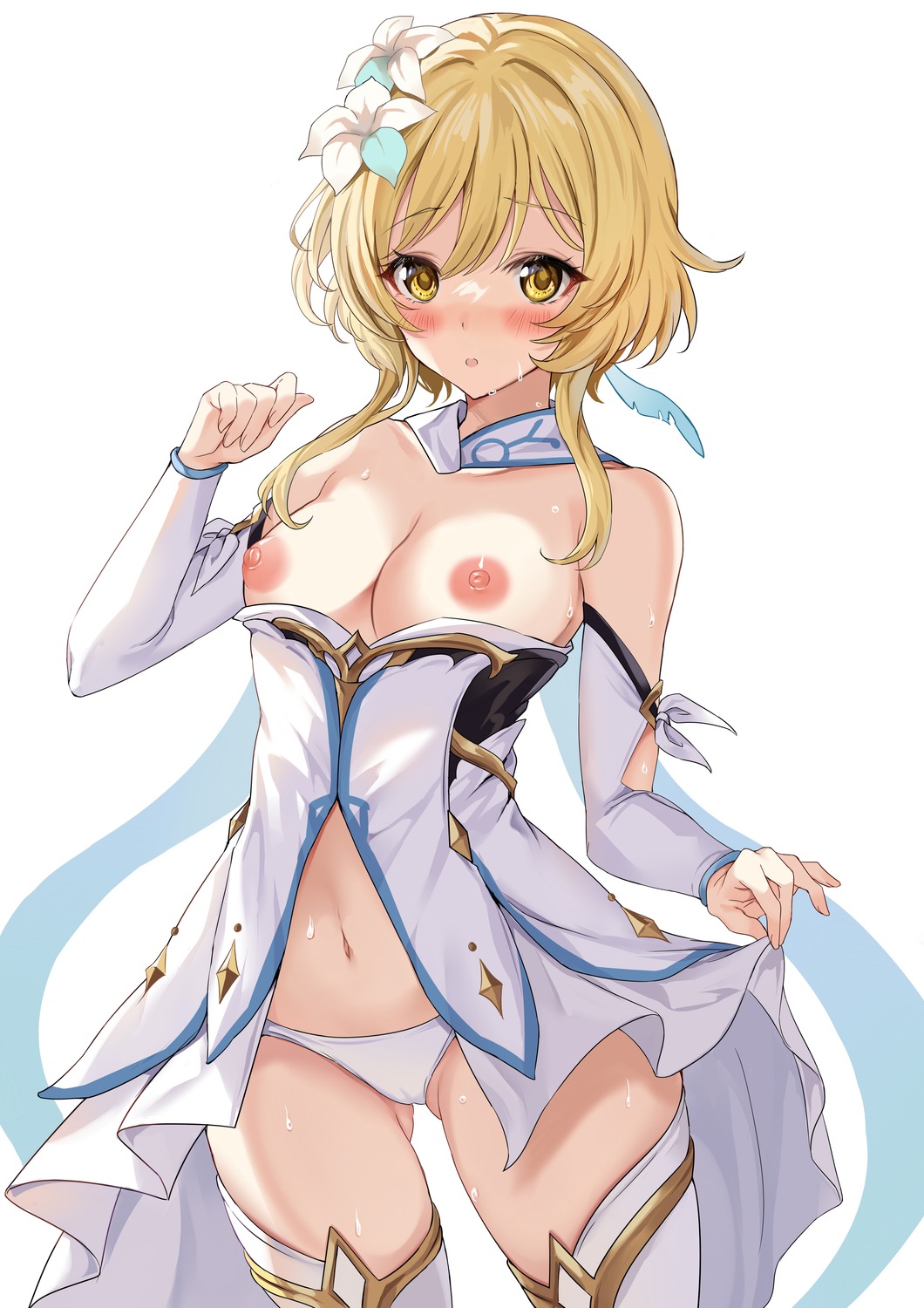 breasts cameltoe genshin_impact harimoji lumine nipples no_bra pantsu skirt_lift thighhighs wet