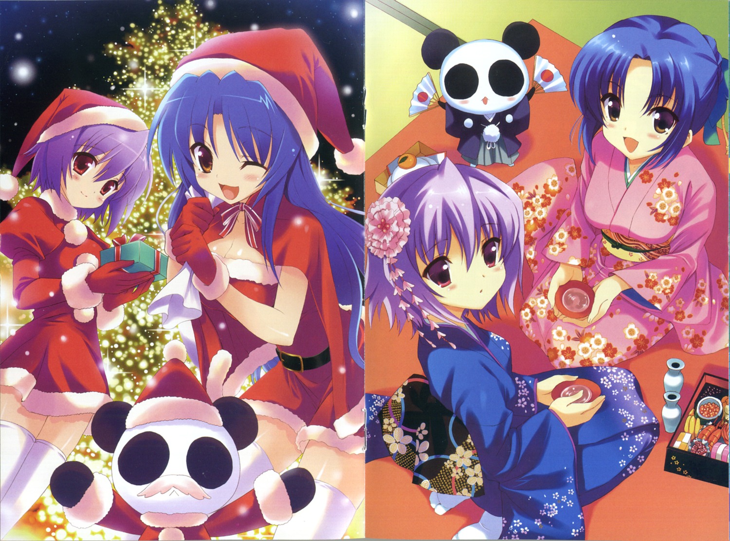 christmas cleavage dress kiba_satoshi kimono kujou_herena melilot thighhighs twinkle_crusaders