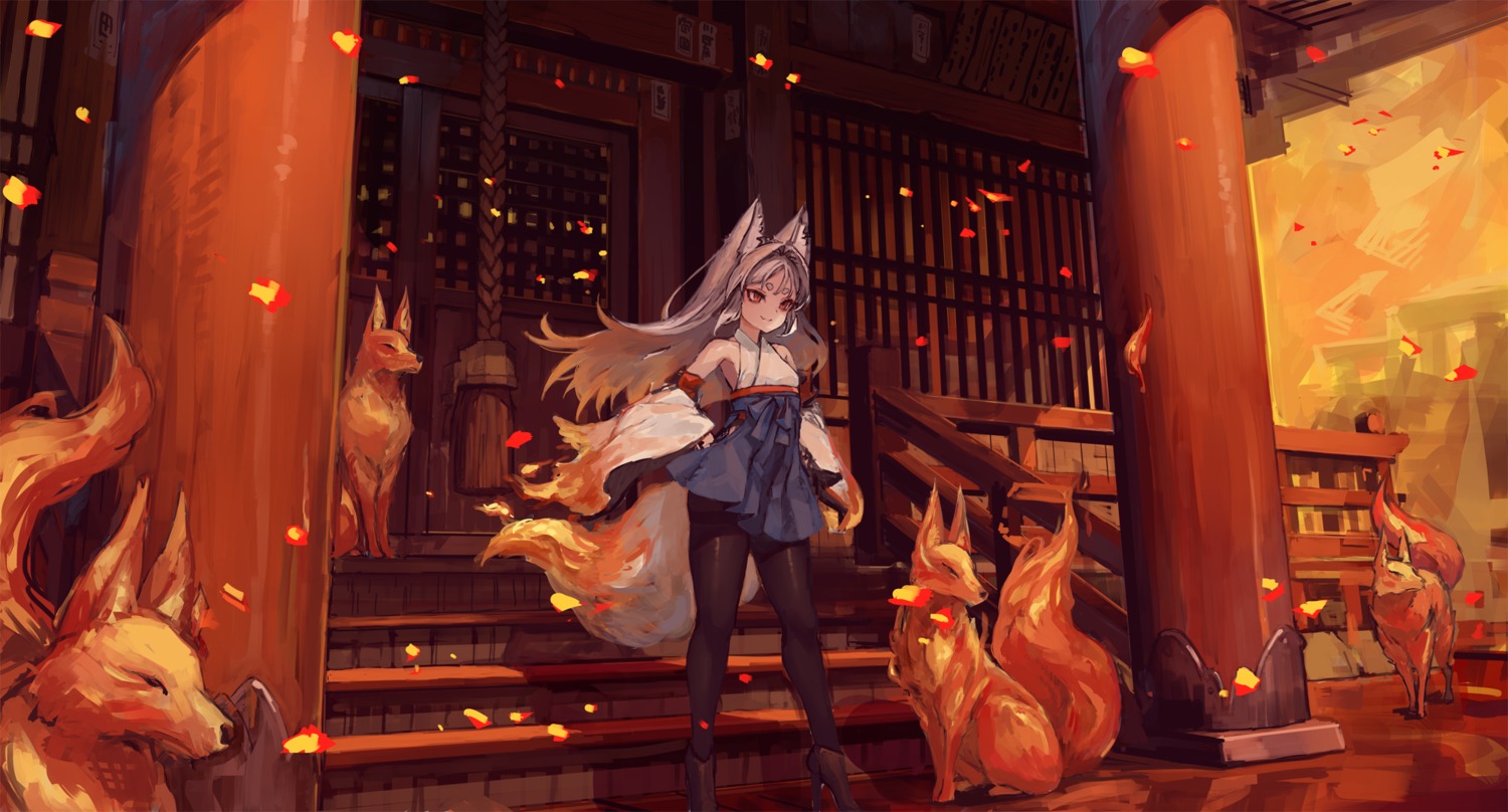 animal_ears bookshelf heels japanese_clothes kitsune pantyhose suzuno_(bookshelf) tail