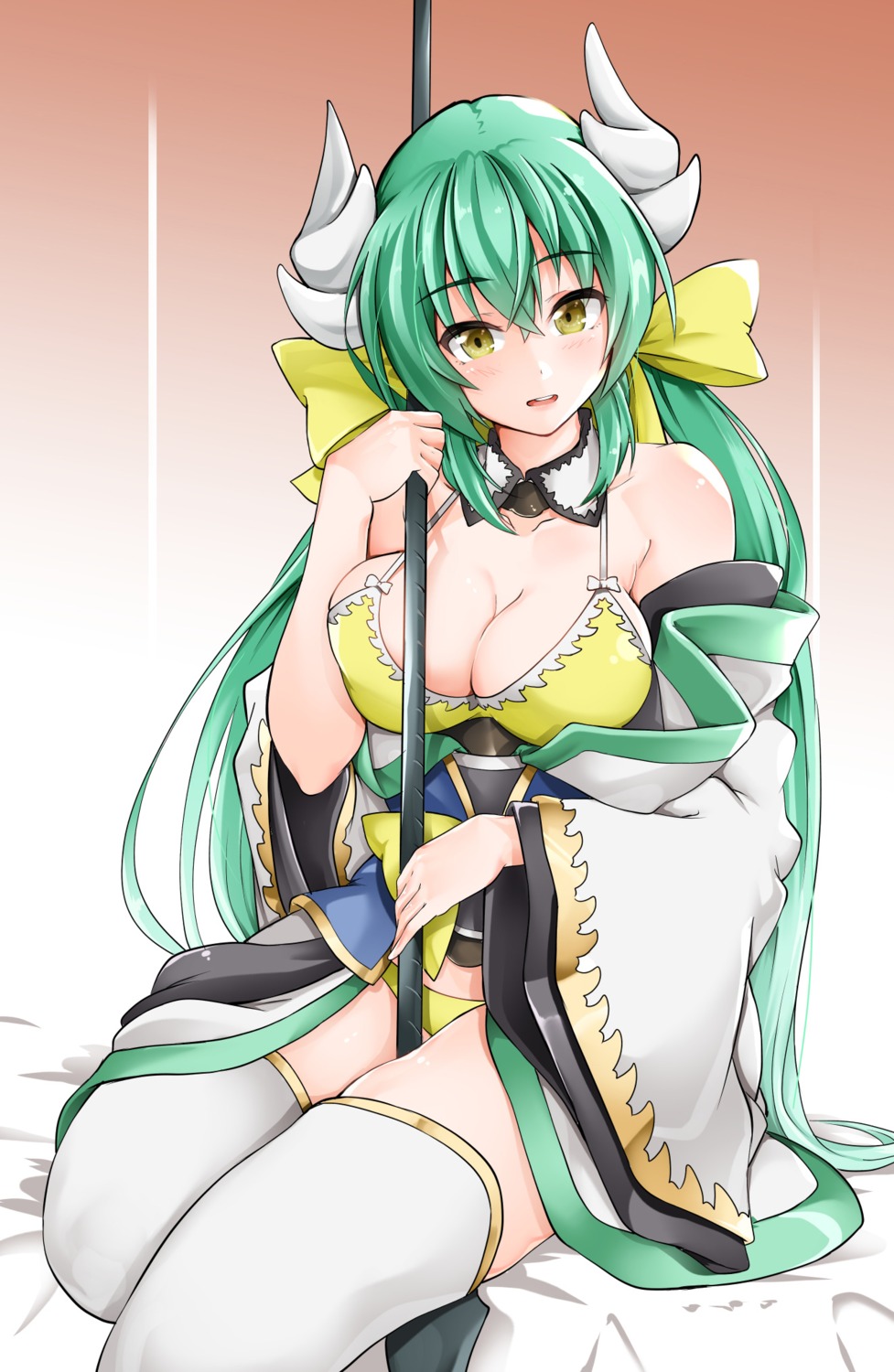 bikini breast_hold cleavage fate/grand_order horns japanese_clothes kiyohime_(fate/grand_order) open_shirt sezoku swimsuits thighhighs