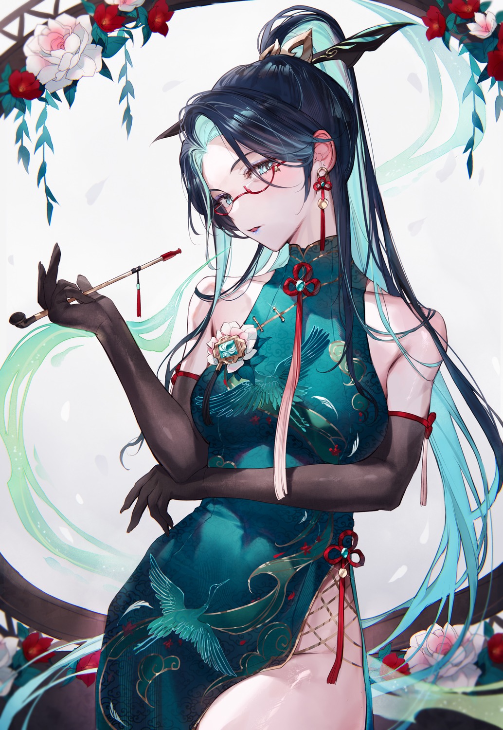 chinadress genshin_impact megane nopan qiandaiyiyu smoking xianyun