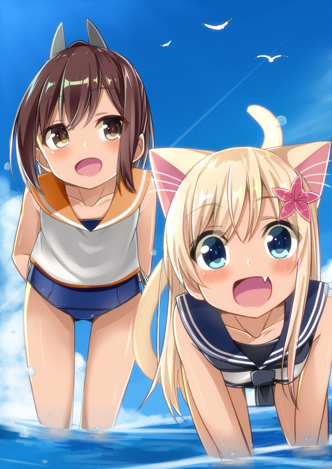 animal_ears cacao_(cacao0809) i-401_(kancolle) kantai_collection nekomimi ro-500 school_swimsuit seifuku swimsuits tail wet