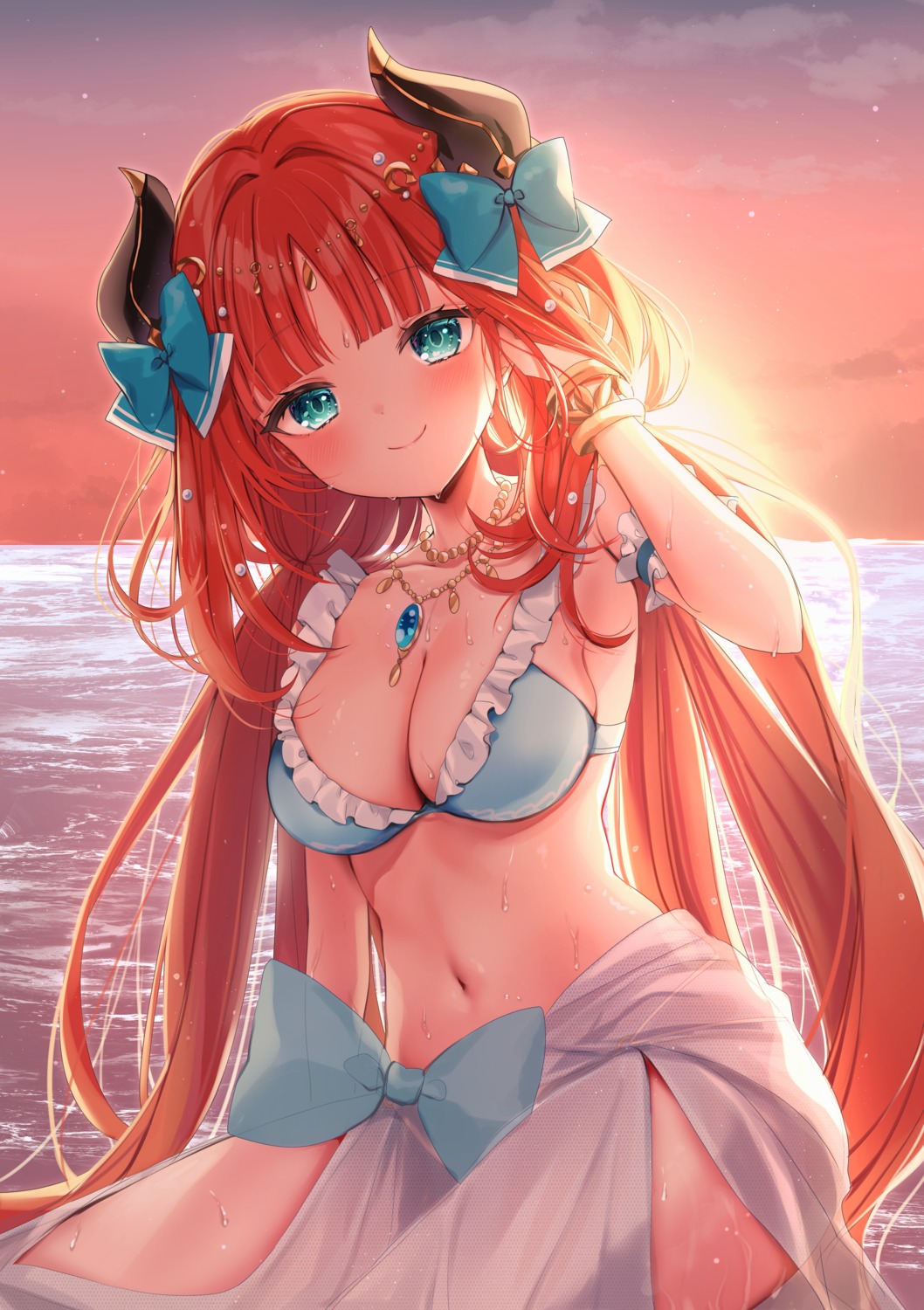 bikini genshin_impact horns ineka nilou see_through swimsuits wet