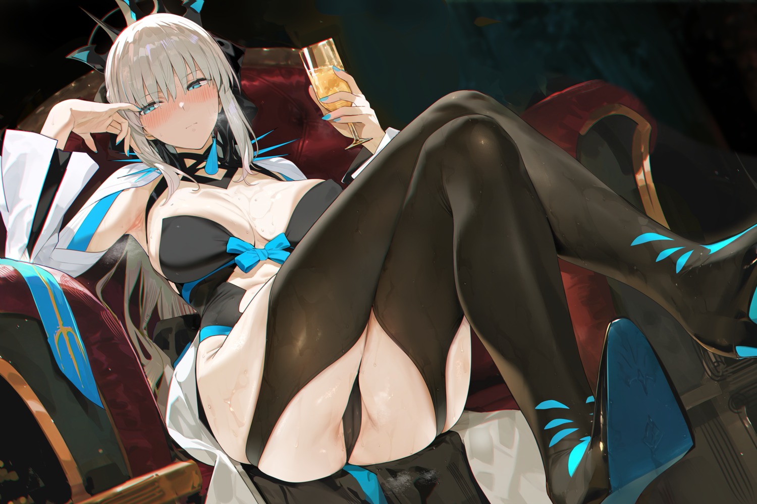 cameltoe fate/grand_order heels leotard misako morgan_le_fay_(fate) no_bra stockings thighhighs wet