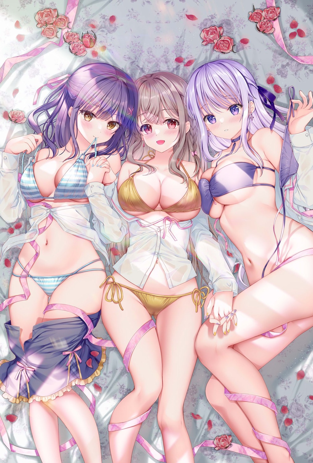 bikini bikini_top bottomless cameltoe hiiragi_asuka_(twinbox) maeda_shiori nanami_yuuno open_shirt see_through seifuku swimsuits twinbox twinbox_school undressing