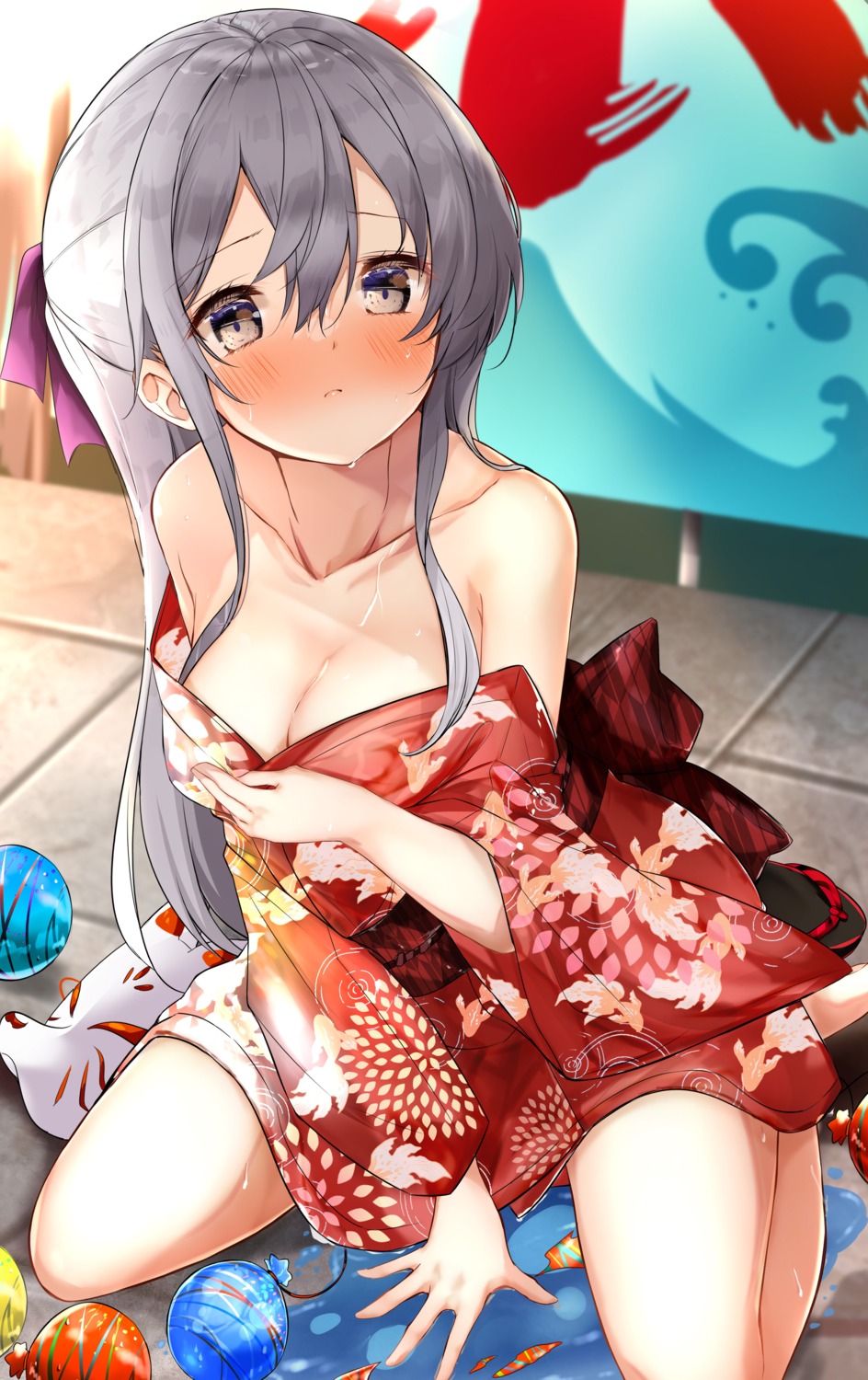 hamaken no_bra open_shirt wet yukata