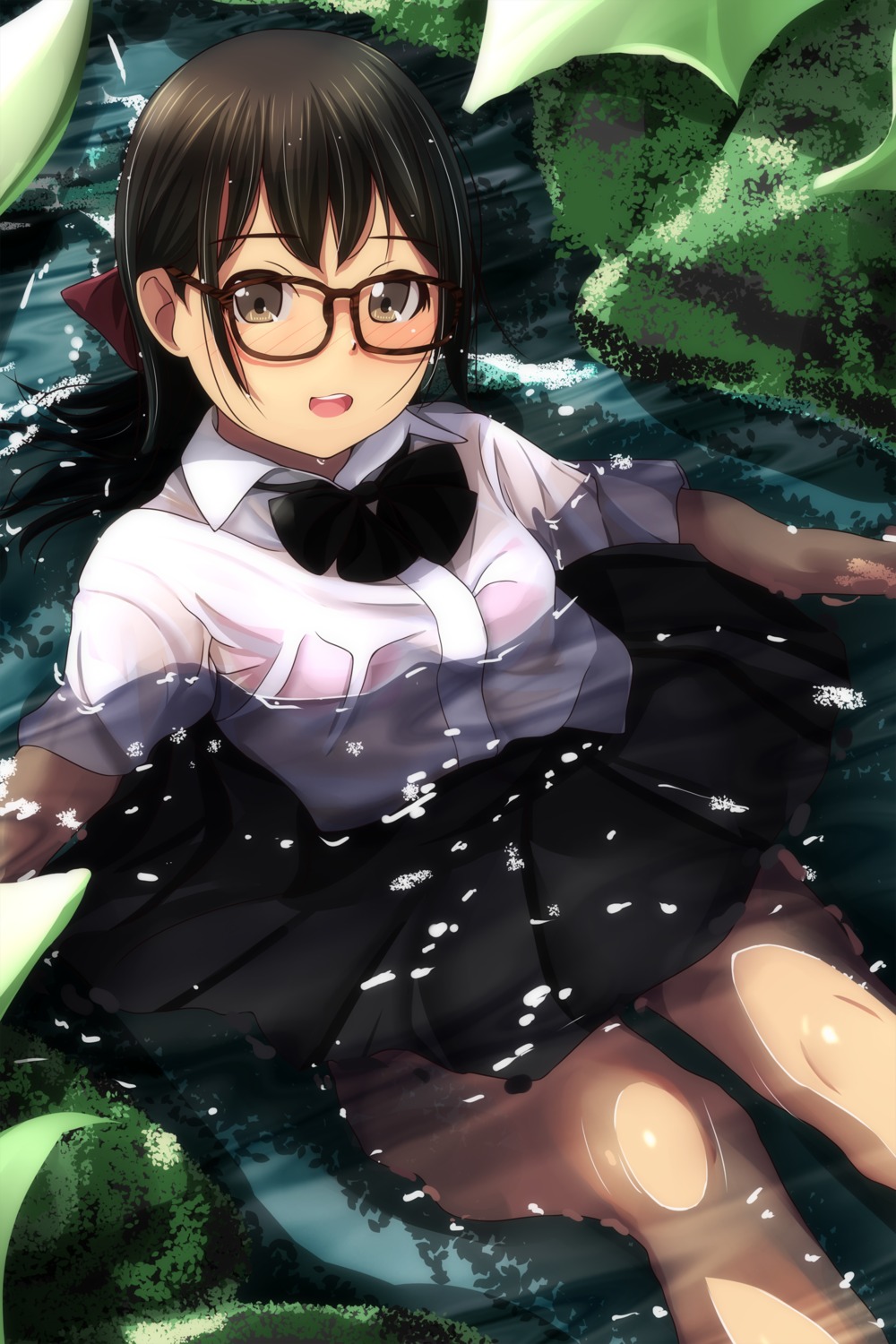 bra matsunaga_kouyou megane see_through seifuku skirt_lift wet wet_clothes