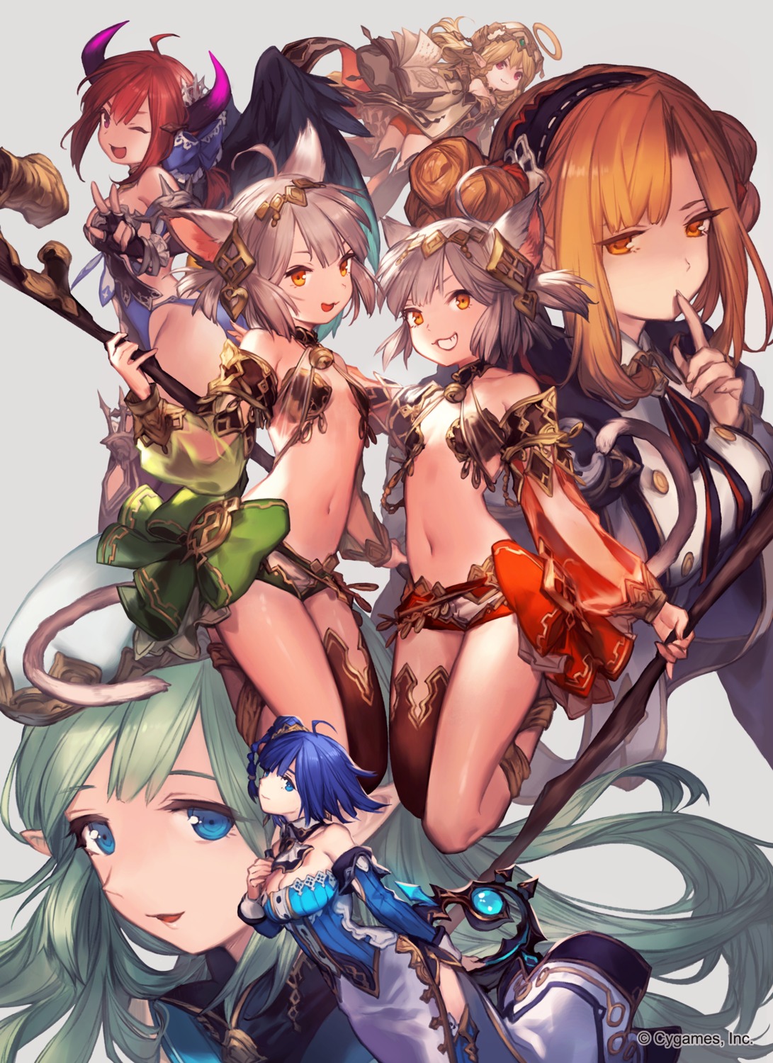 animal_ears bikini_armor cleavage horns lee_hyeseung pointy_ears tail thighhighs weapon wings