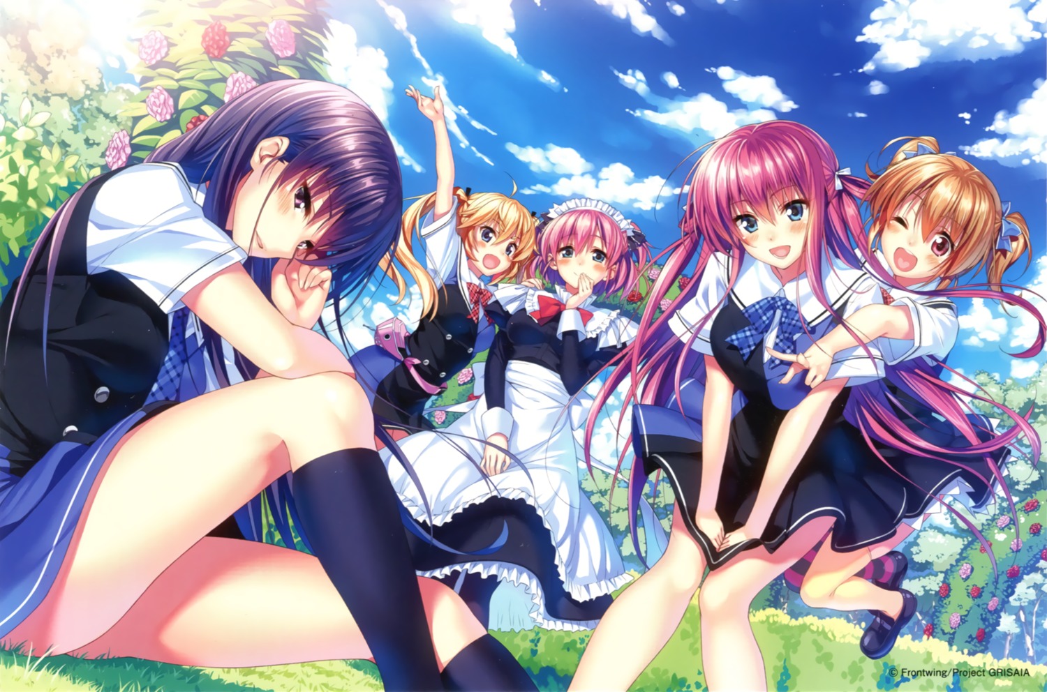 endcard grisaia grisaia_no_kajitsu irisu_makina komine_sachi maid matsushima_michiru piromizu sakaki_yumiko seifuku suou_amane thighhighs