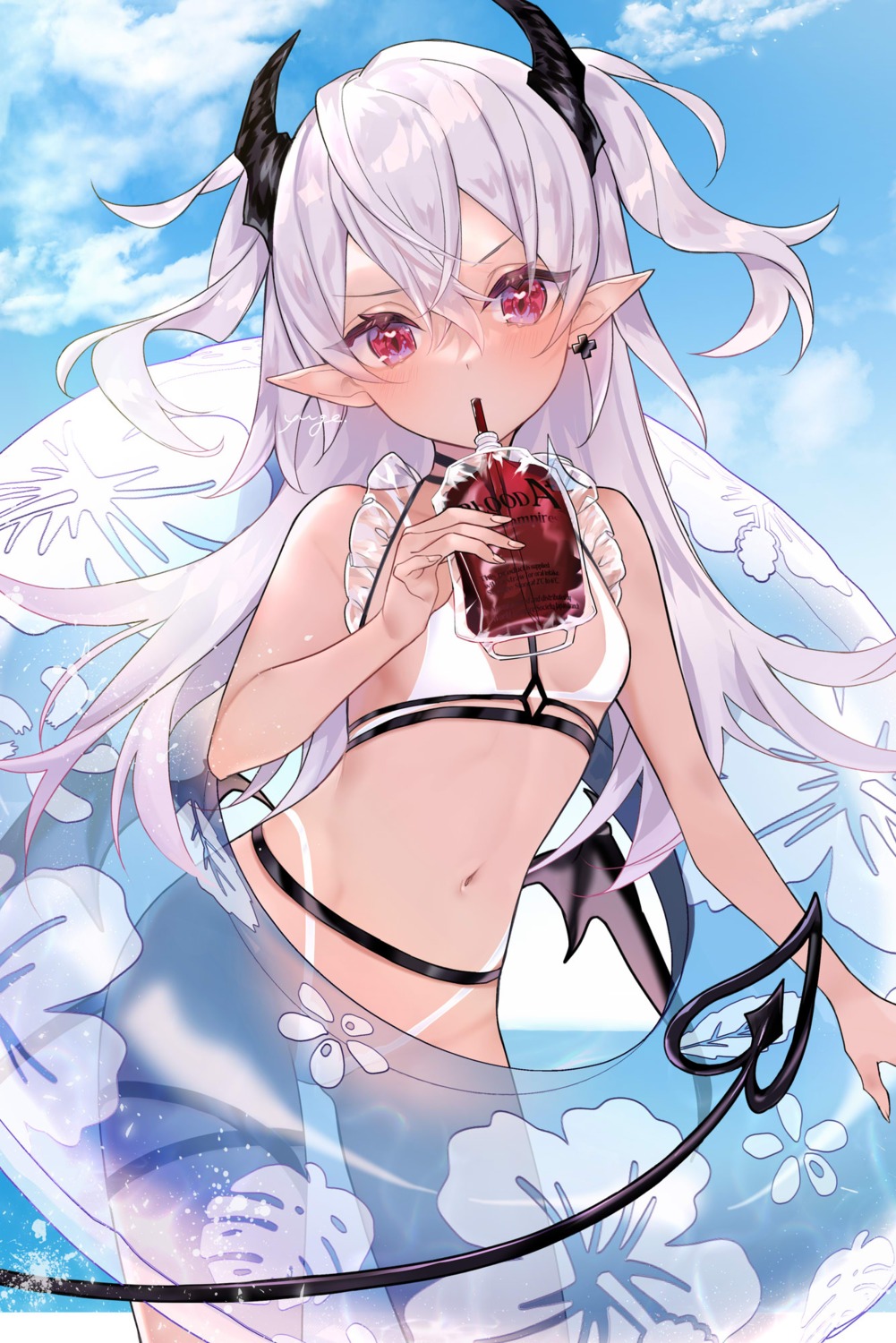 bikini blood garter horns pointy_ears see_through swimsuits tan_lines yuge_(mkmk)