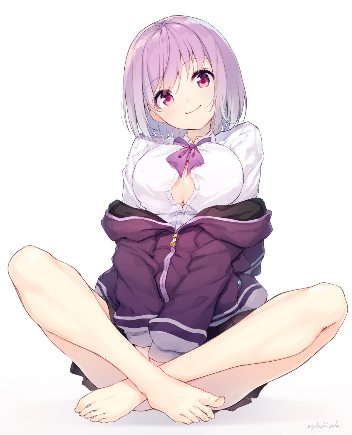 cleavage feet nijihashi_sora no_bra open_shirt seifuku shinjou_akane ssss.gridman