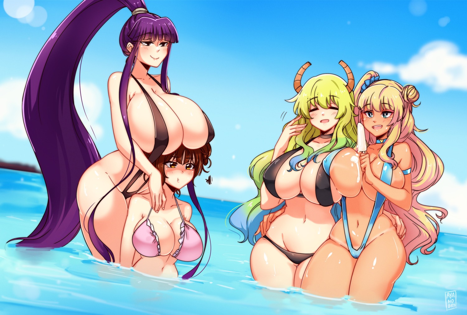 abby_(ayanobro) bikini bikini_top cream crossover eiken erect_nipples fujinoki_nene gyaruko hajimete_no_gal horns kobayashi-san_chi_no_maid_dragon misono_kirika oshiete!_gyaruko-chan quetzalcoatl_(kobayashi-san_chi_no_maid_dragon) sling_bikini swimsuits tan_lines wet