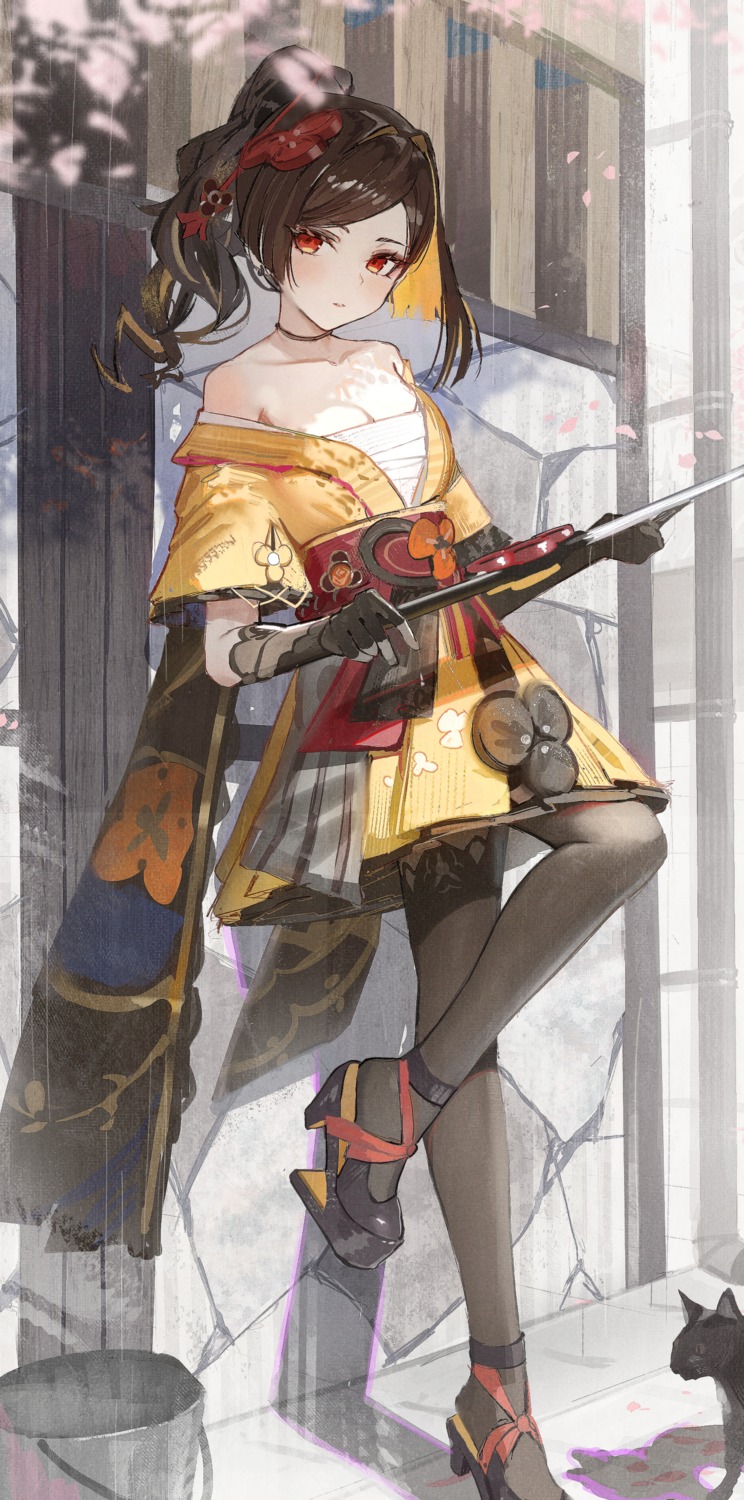 chiori genshin_impact heels hidulume japanese_clothes neko open_shirt pantyhose sarashi weapon