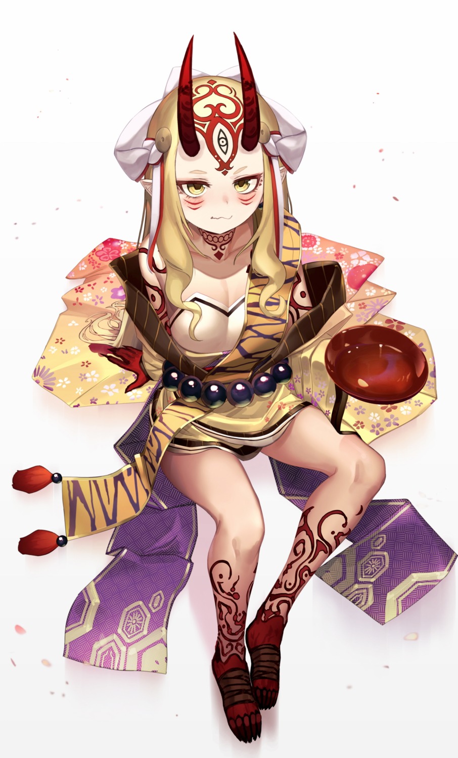 cleavage eis fate/grand_order horns ibaraki_douji_(fate/grand_order) japanese_clothes pointy_ears tattoo