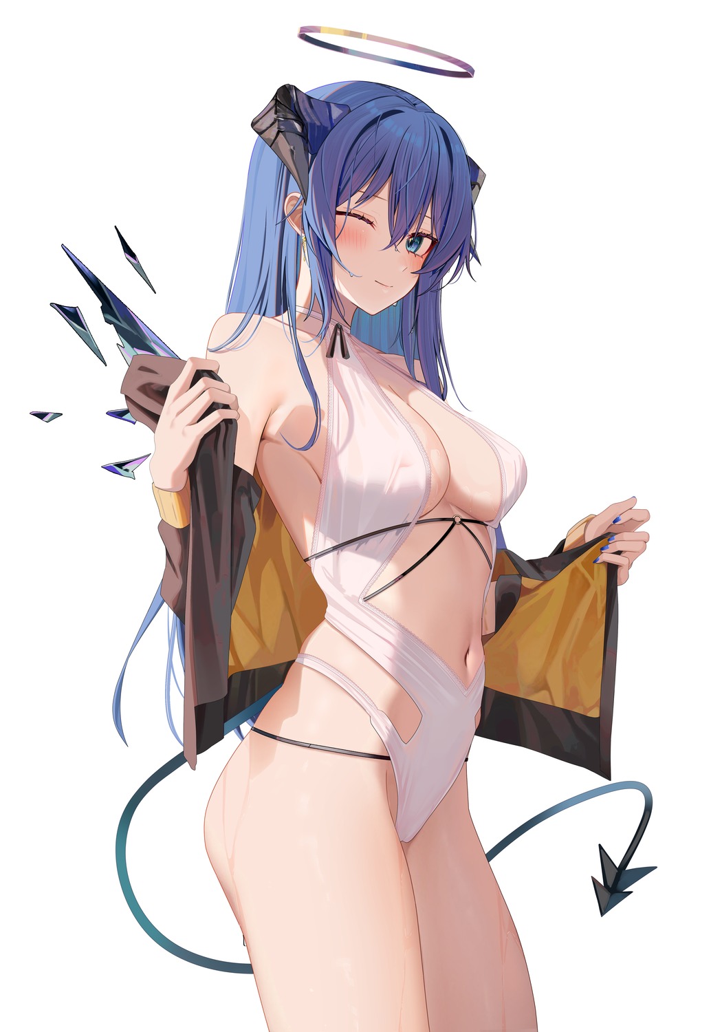 angel areola arknights horns mostima_(arknights) ru_zhai see_through swimsuits tail undressing wings