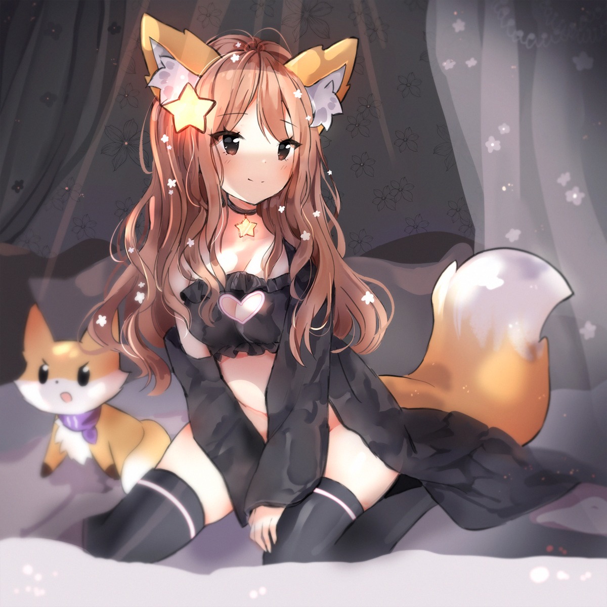 animal_ears annytf anyuu bottomless bra cleavage indie_virtual_youtuber kitsune tail thighhighs