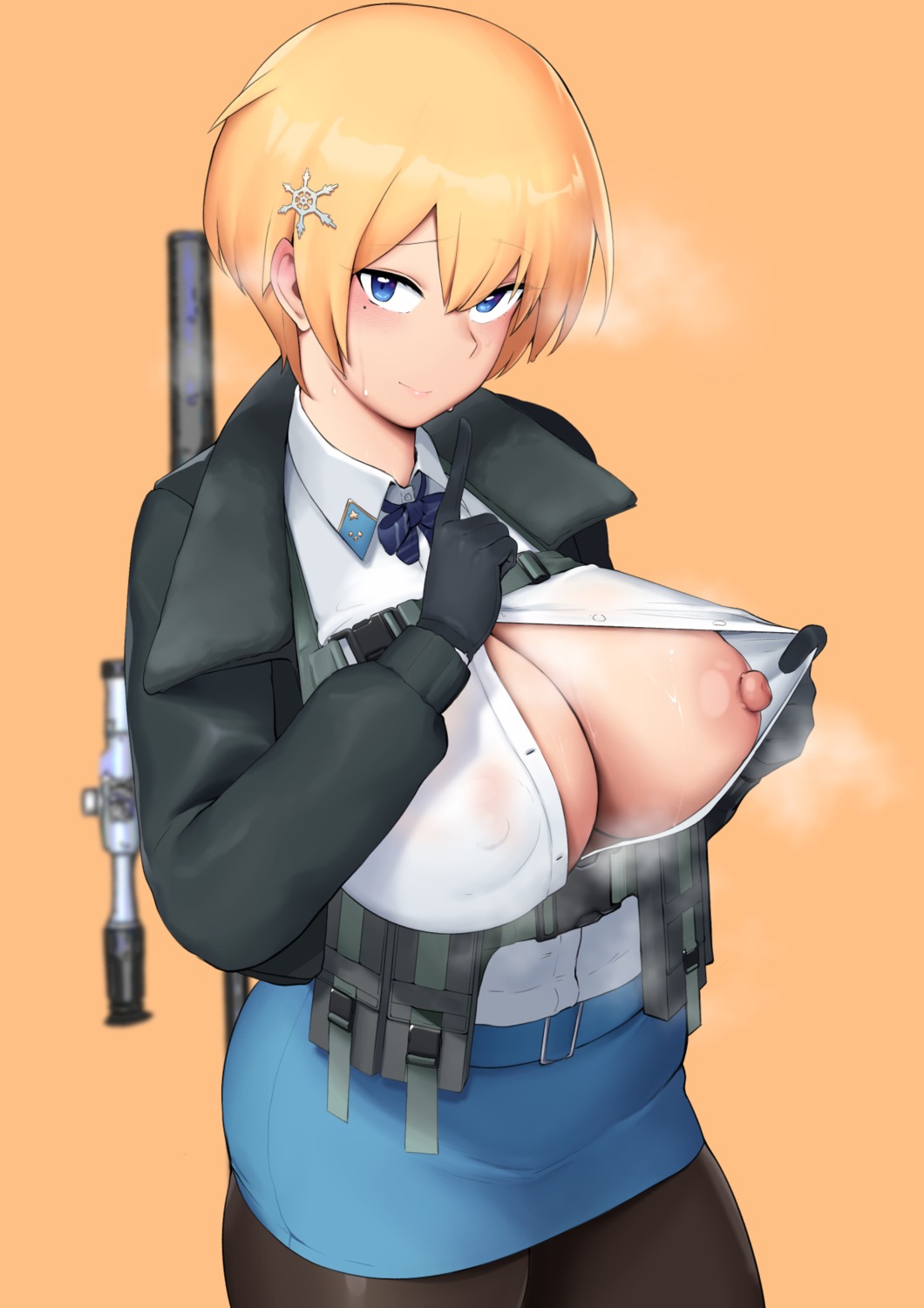 breasts girls_frontline gun moebell0 nipples no_bra open_shirt pantyhose see_through undressing uniform vsk-94_(girls_frontline)
