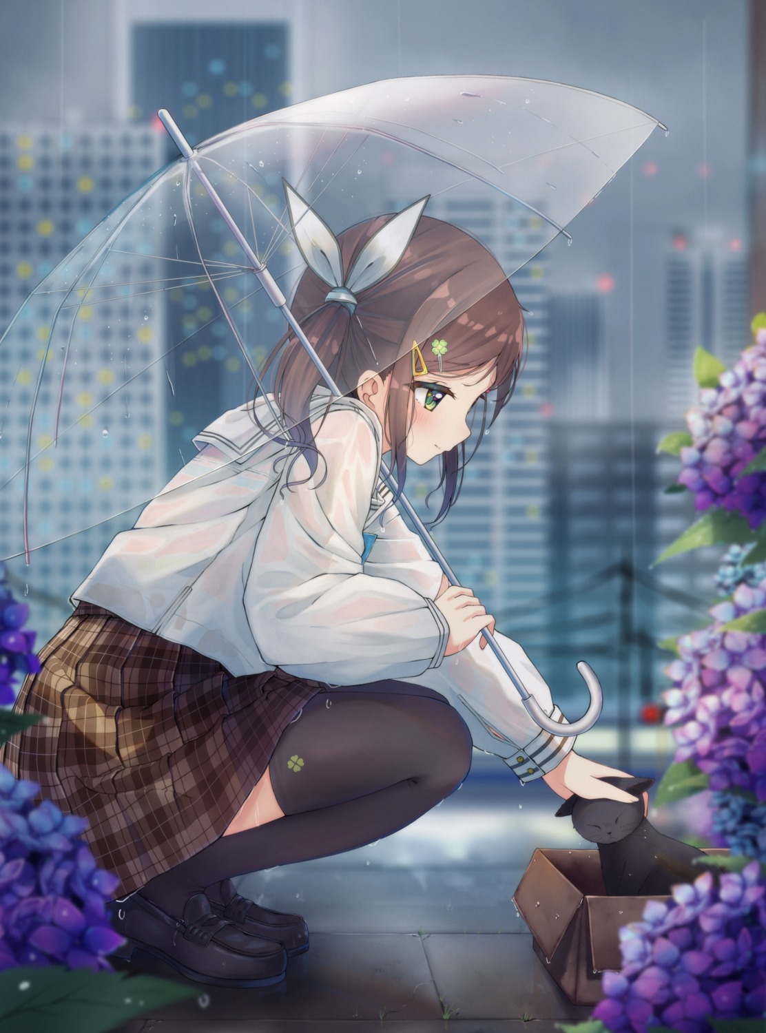 enuni neko see_through seifuku thighhighs umbrella wet_clothes