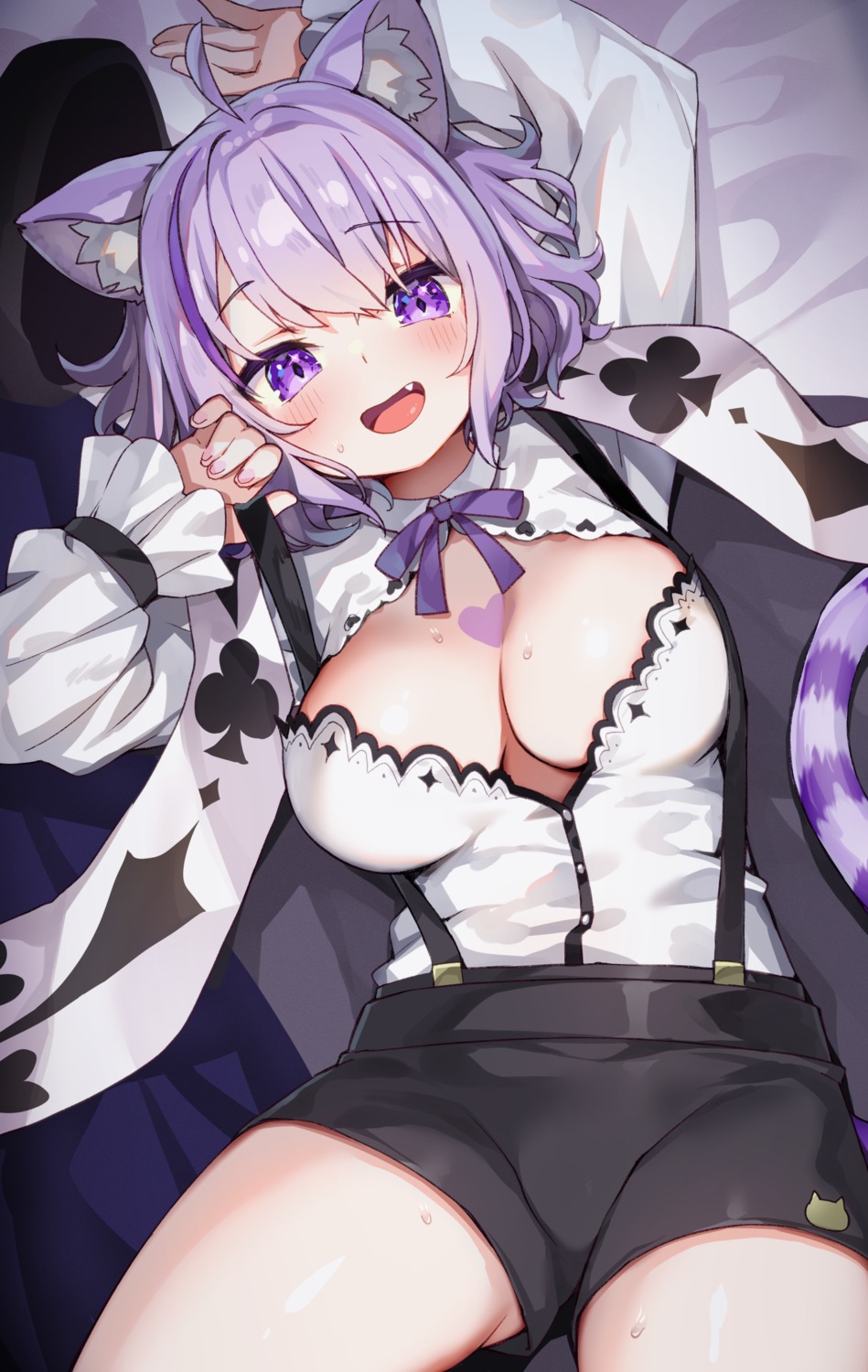 animal_ears ayaoshiro hololive hololive_gamers nekomata_okayu nekomimi no_bra open_shirt tail