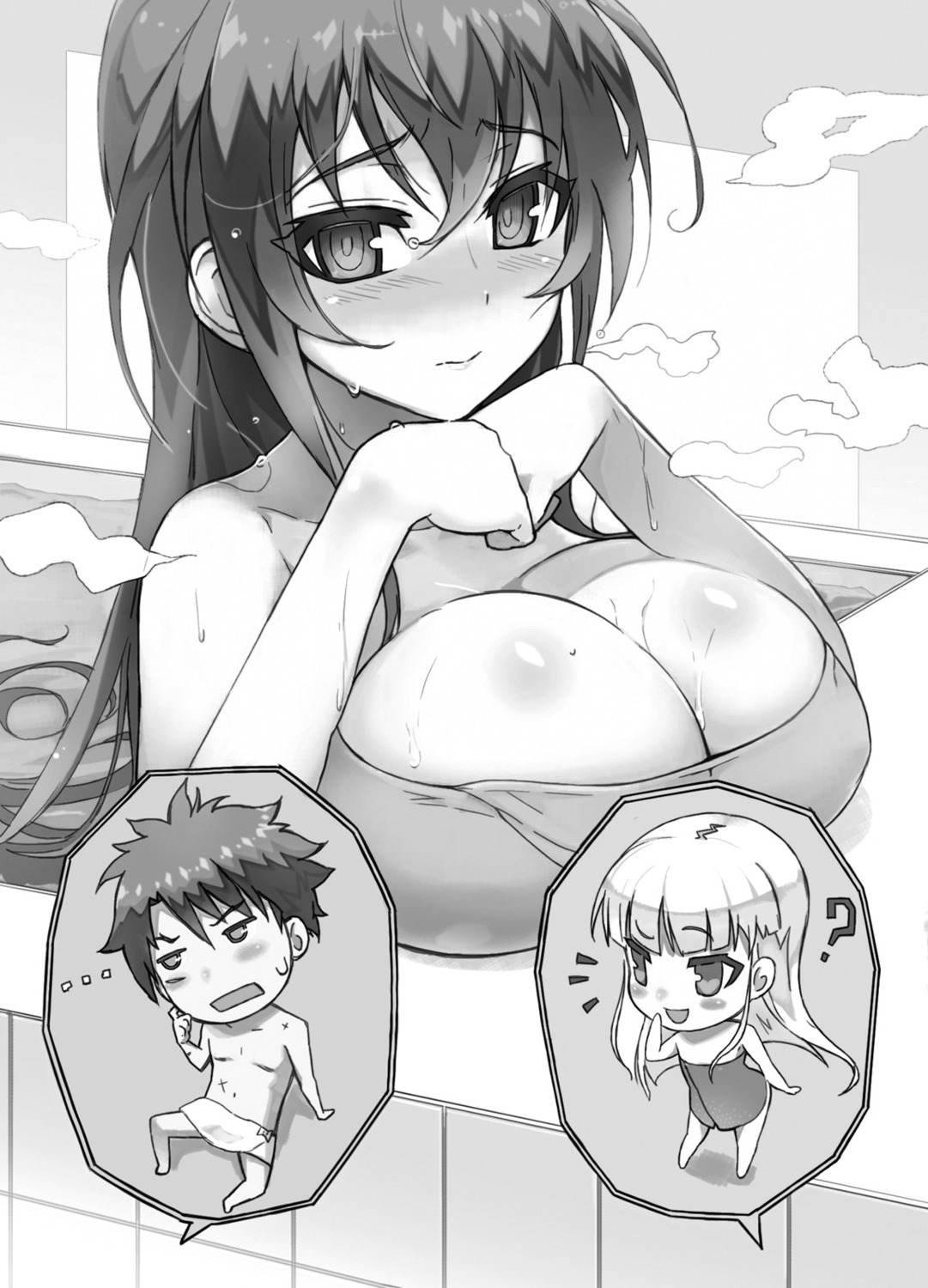 bathing breast_hold chibi monochrome naruse_maria naruse_mio ookuma_nekosuke shinmai_maou_no_testament toujou_basara towel wet