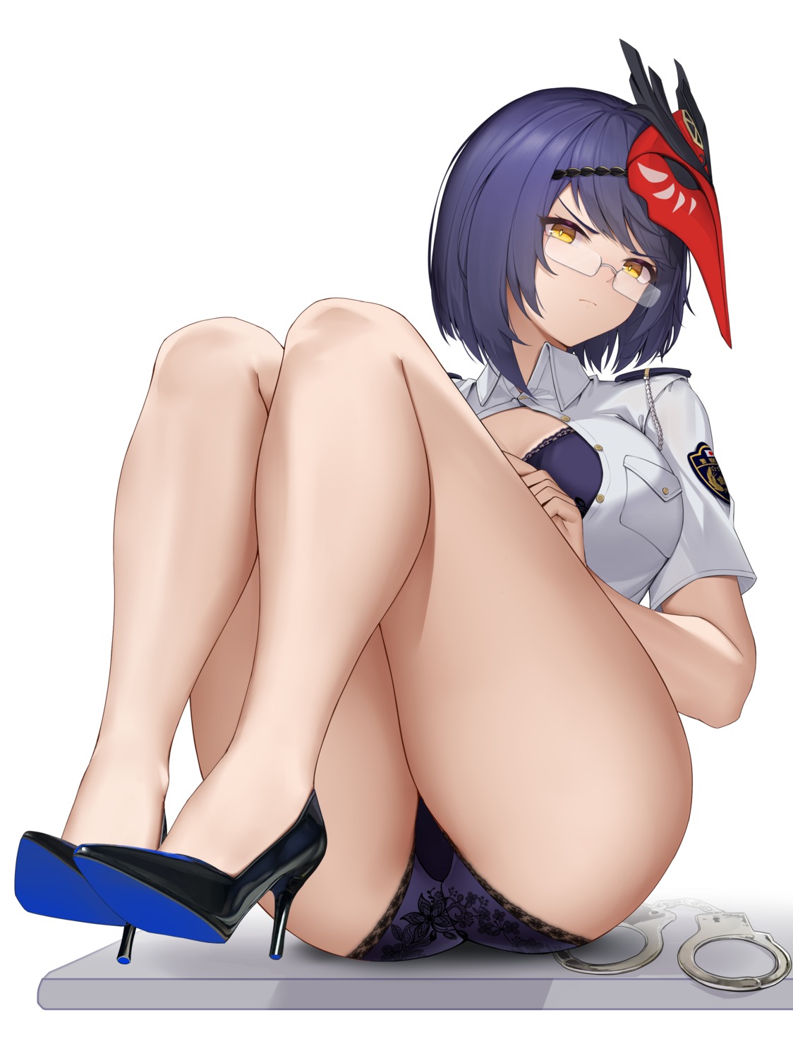 bra genshin_impact heels kujou_sara megane open_shirt pantsu police_uniform terebi_(shimizu1996)