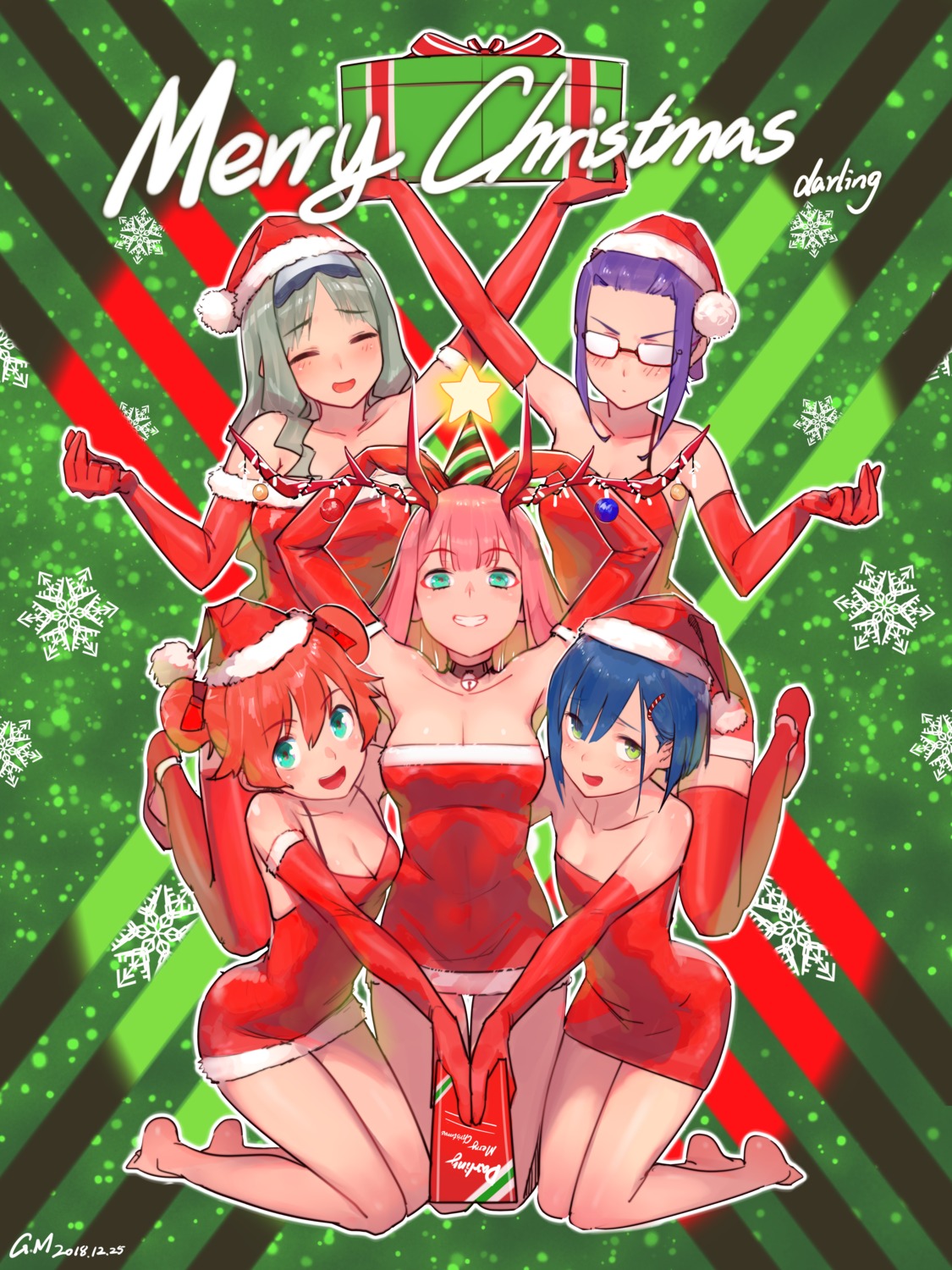 christmas cleavage darling_in_the_franxx dress gorgeous_mushroom horns ichigo_(darling_in_the_franxx) ikuno_(darling_in_the_franxx) kokoro_(darling_in_the_franxx) megane miku_(darling_in_the_franxx) zero_two_(darling_in_the_franxx)