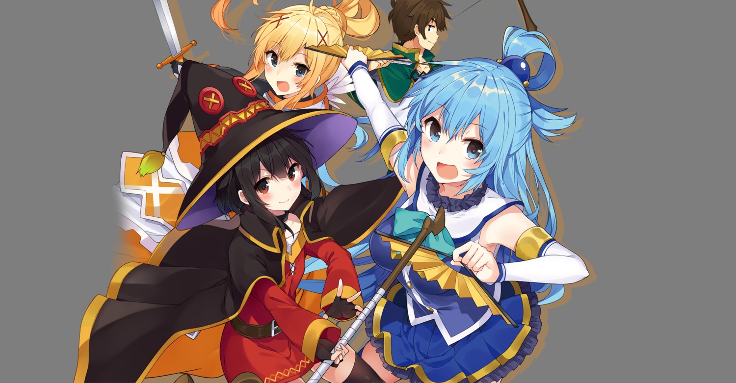 aqua_(konosuba) dress dustiness_ford_raratina kono_subarashii_sekai_ni_shukufuku_wo! megumin mishima_kurone satou_kazuma sword thighhighs transparent_png weapon witch