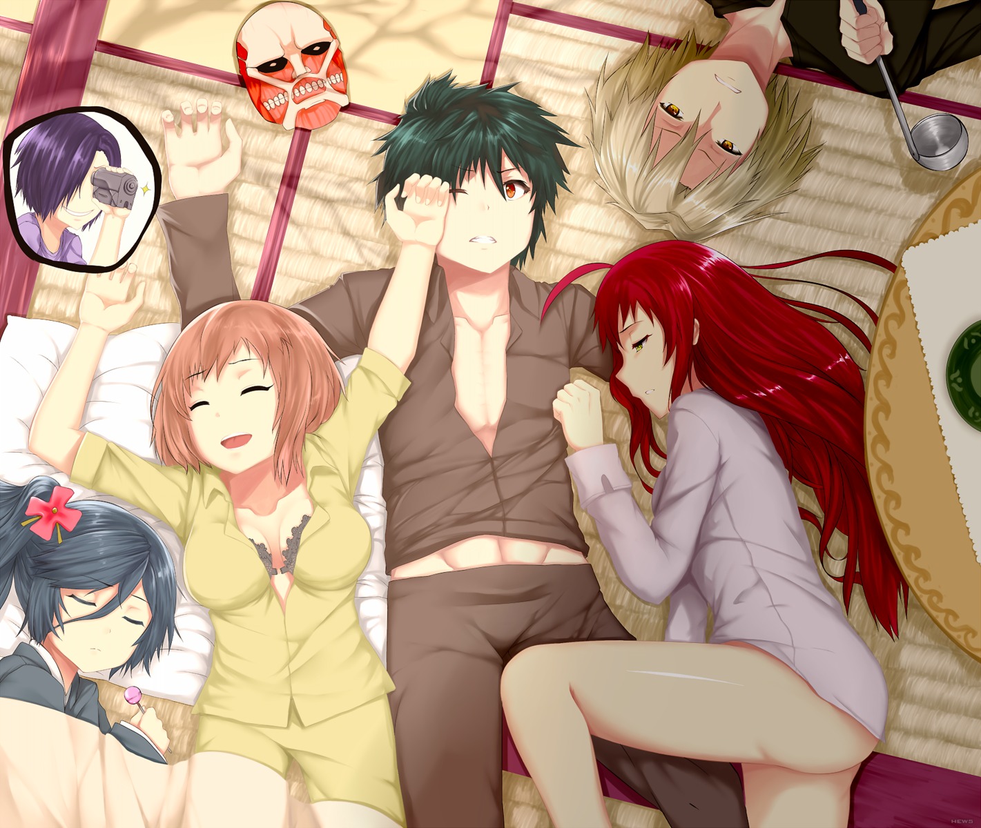 ashiya_shirou bra cleavage crossover hataraku_maou-sama! hews kamazuki_suzuno maou_sadao pajama sasaki_chiho shingeki_no_kyojin urushihara_hanzou yusa_emi