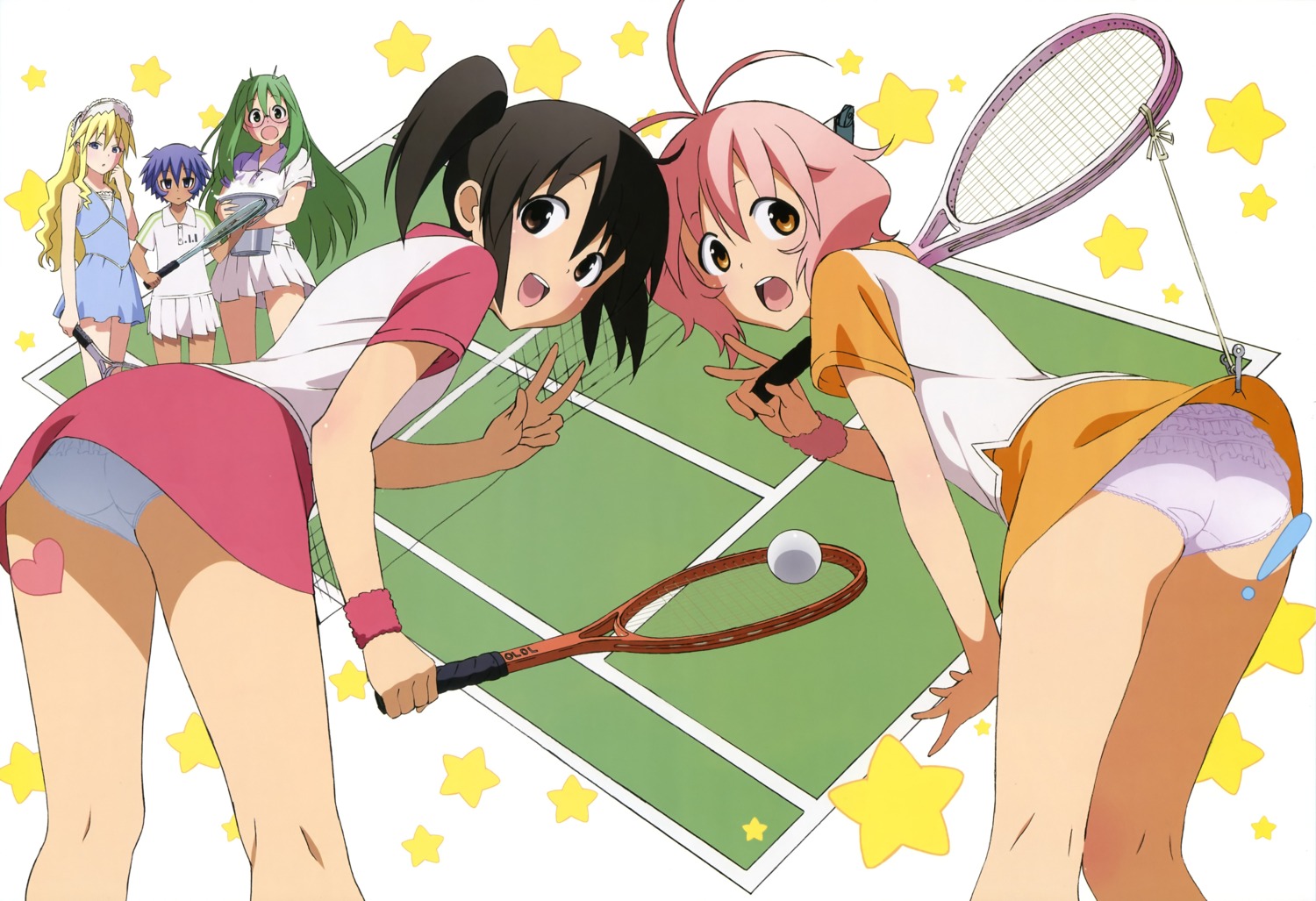 akiyama_chitose elizabeth_warren fuyukawa_kurusu harukaze_asuna megane oka_yuuichi pantsu sawanatsu_kotone skirt_lift softenni tennis