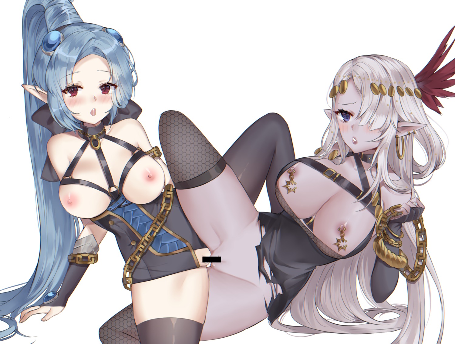 bottomless breasts censored fishnets leotard nipples no_bra nopan open_shirt poho pointy_ears pussy thighhighs torn_clothes tribadism yuri