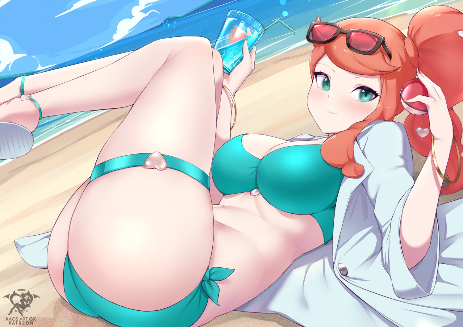 ass bikini dress_shirt garter kaos_art megane open_shirt pokemon pokemon_swsh sonia_(pokemon) swimsuits