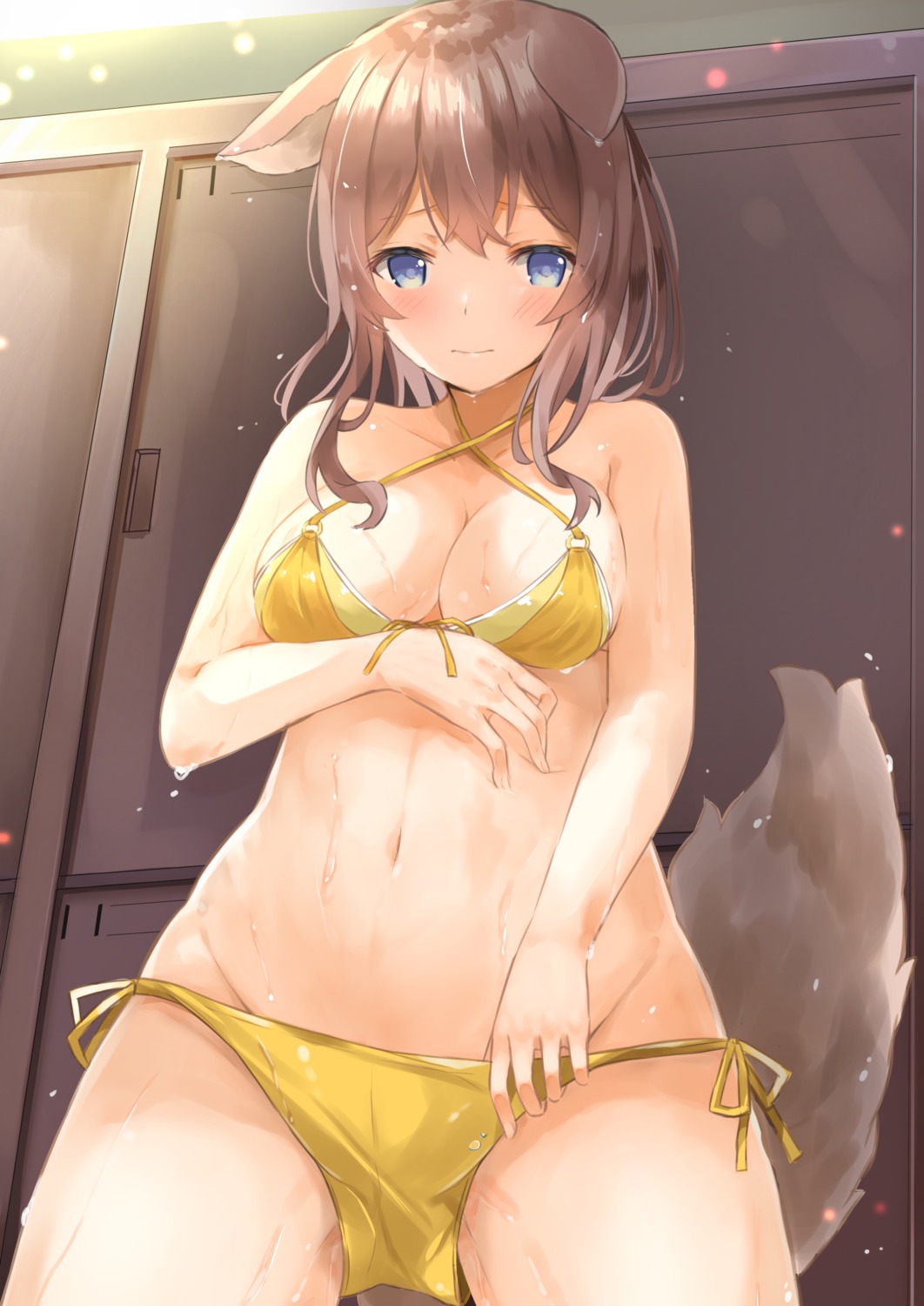 animal_ears bang_dream! bikini breast_hold panty_pull swimsuits tail tomura2maru undressing wet yamabuki_saaya