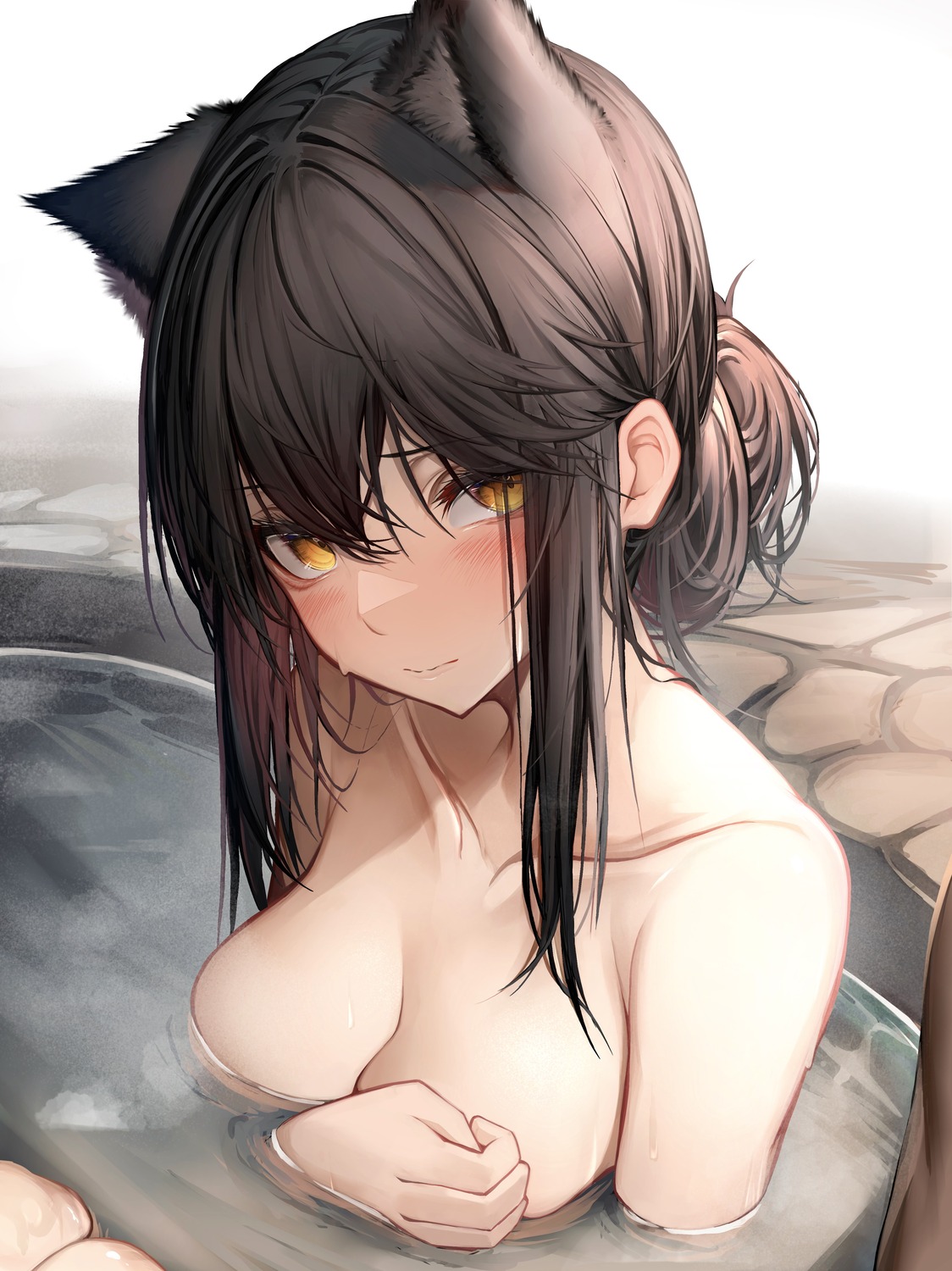 animal_ears arknights bathing breast_hold naked tab_head texas_(arknights) wet