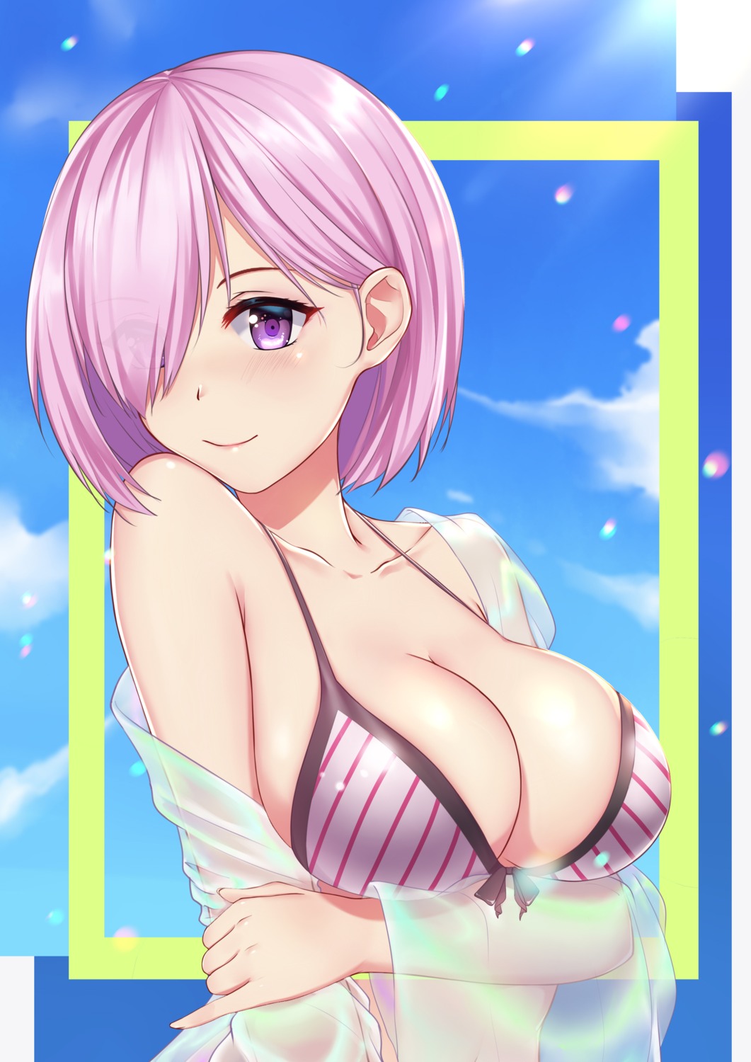 bikini_top breast_hold cleavage fate/grand_order mash_kyrielight open_shirt see_through shuixiao swimsuits