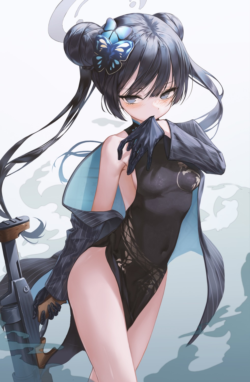 blue_archive chinadress gun h2o_(dfo) halo no_bra nopan ryuuge_kisaki