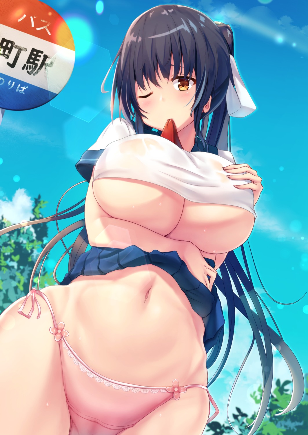 breast_hold cameltoe liya no_bra pantsu see_through seifuku shirt_lift skirt_lift string_panties underboob wet wet_clothes