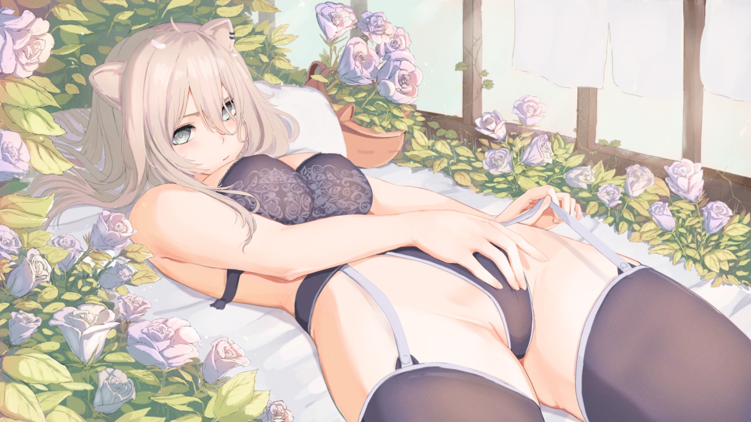 animal_ears bra ceilinginmyroom hololive pantsu shishiro_botan stockings thighhighs wallpaper