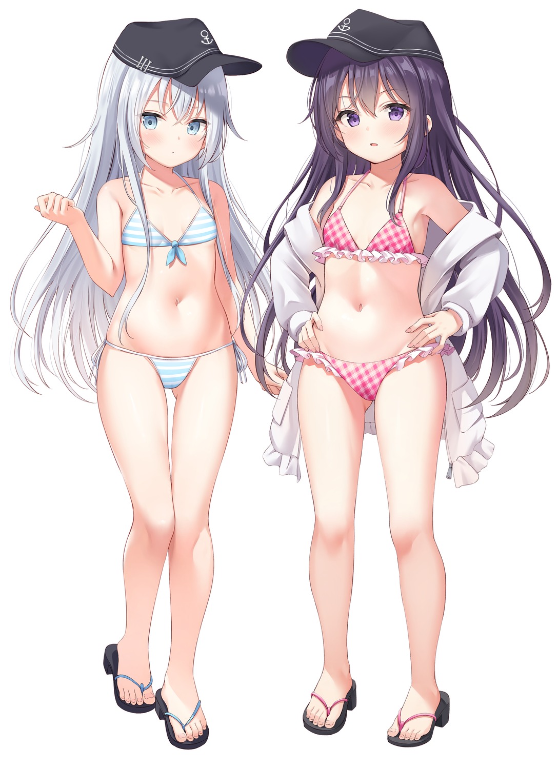 akatsuki_(kancolle) bikini heels hibiki_(kancolle) kantai_collection loli open_shirt swimsuits xue_lu